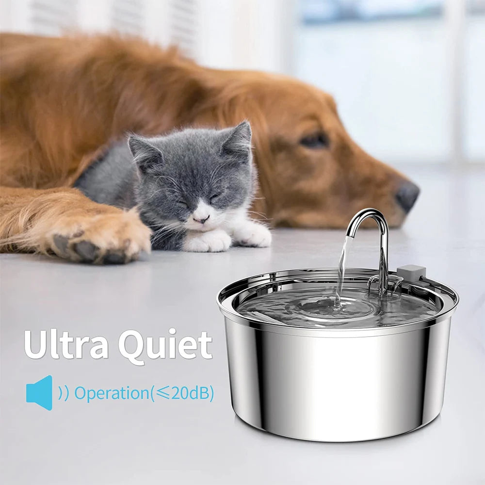 Stainless Steel Pet Water Fountain – Automatic USB Electric Silent Drinking Bowl with Filter System, 3L / 108Oz Capacity for Cats & Dogs