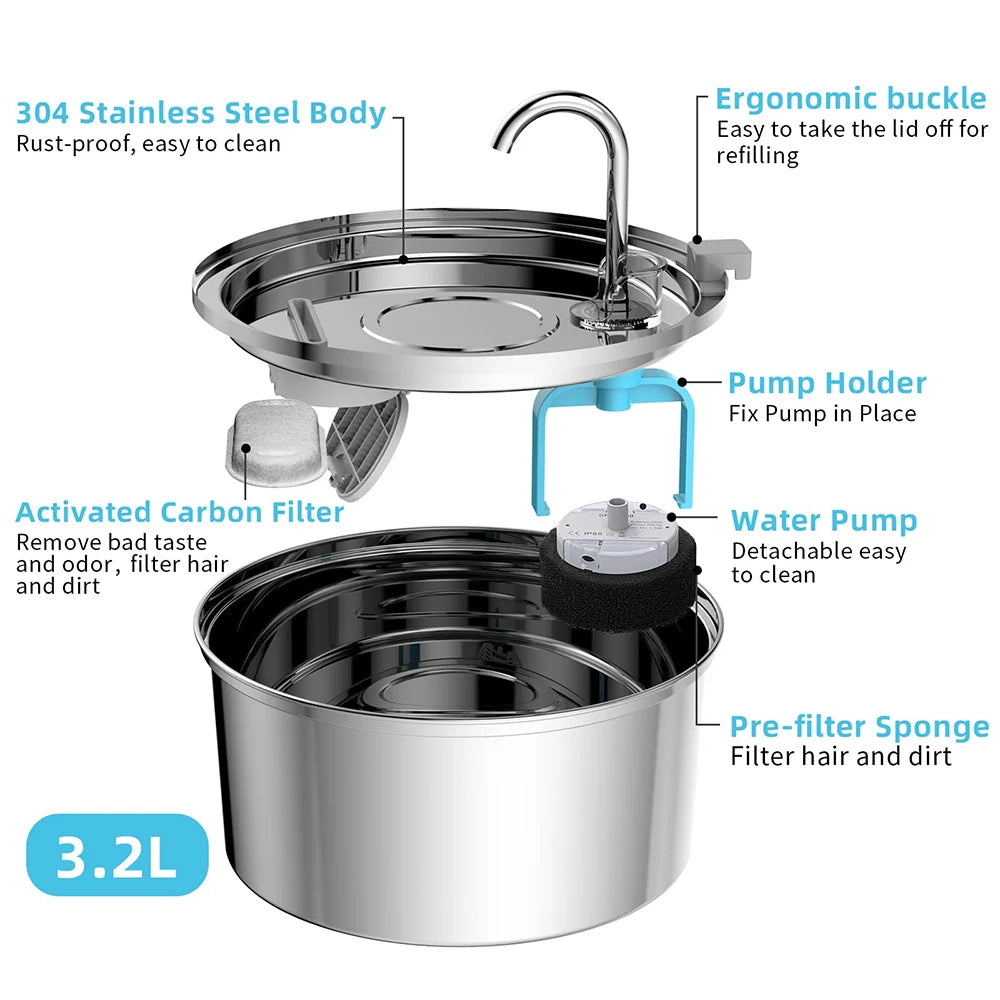 Stainless Steel Pet Water Fountain – Automatic USB Electric Silent Drinking Bowl with Filter System, 3L / 108Oz Capacity for Cats & Dogs