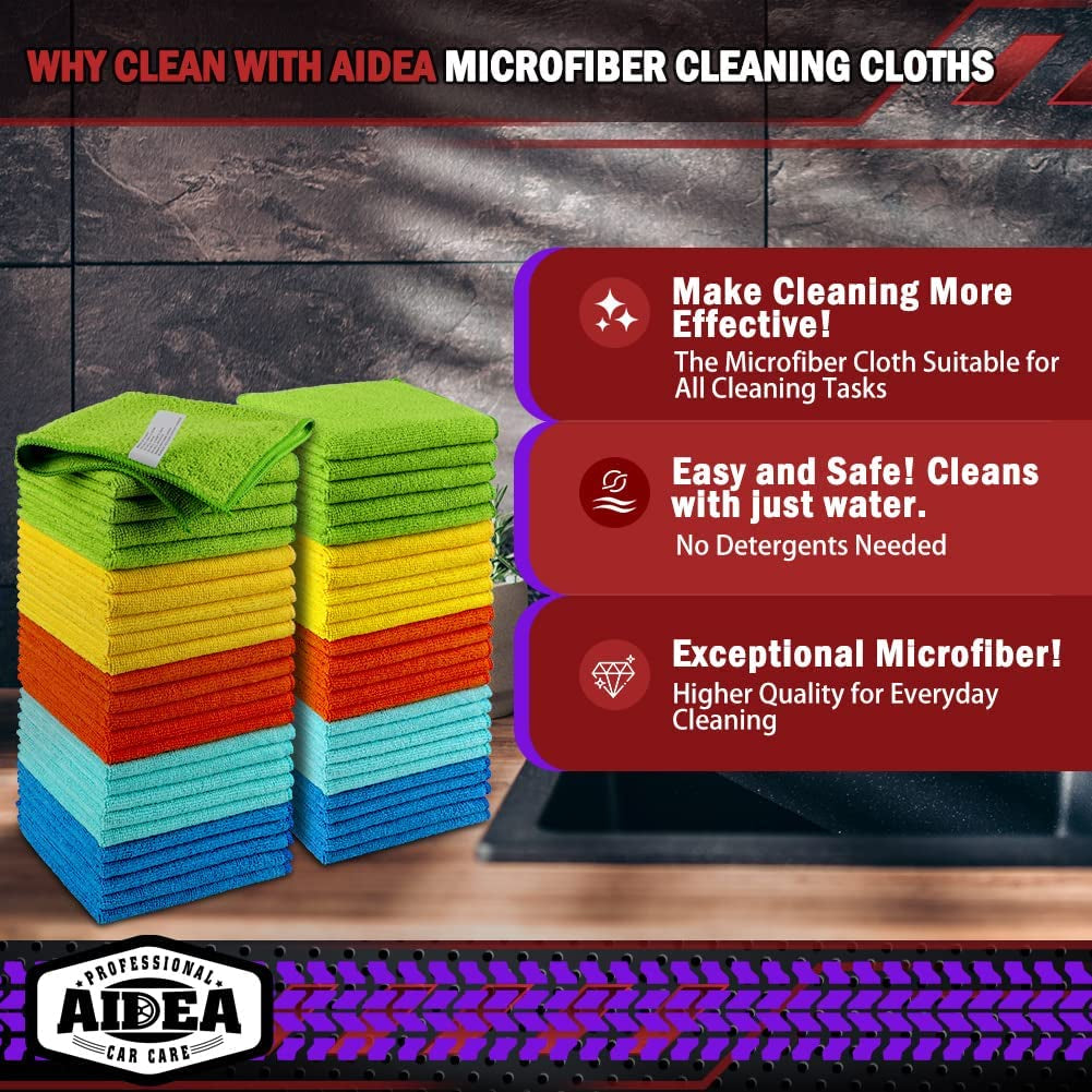 AIDEA Microfiber Cleaning Cloths – 50-Pack 12×12" Premium Towels for Cars, Home, Kitchen, Windows & Dusting