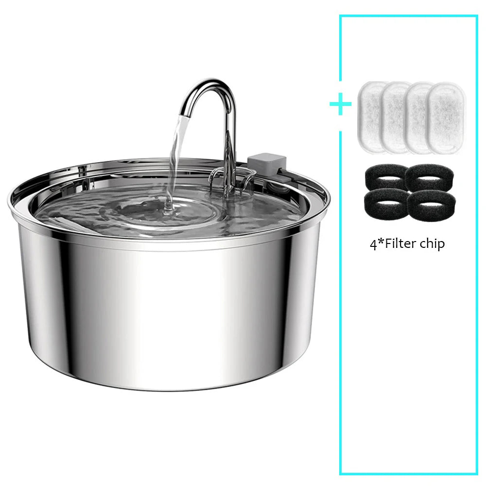 Stainless Steel Pet Water Fountain – Automatic USB Electric Silent Drinking Bowl with Filter System, 3L / 108Oz Capacity for Cats & Dogs