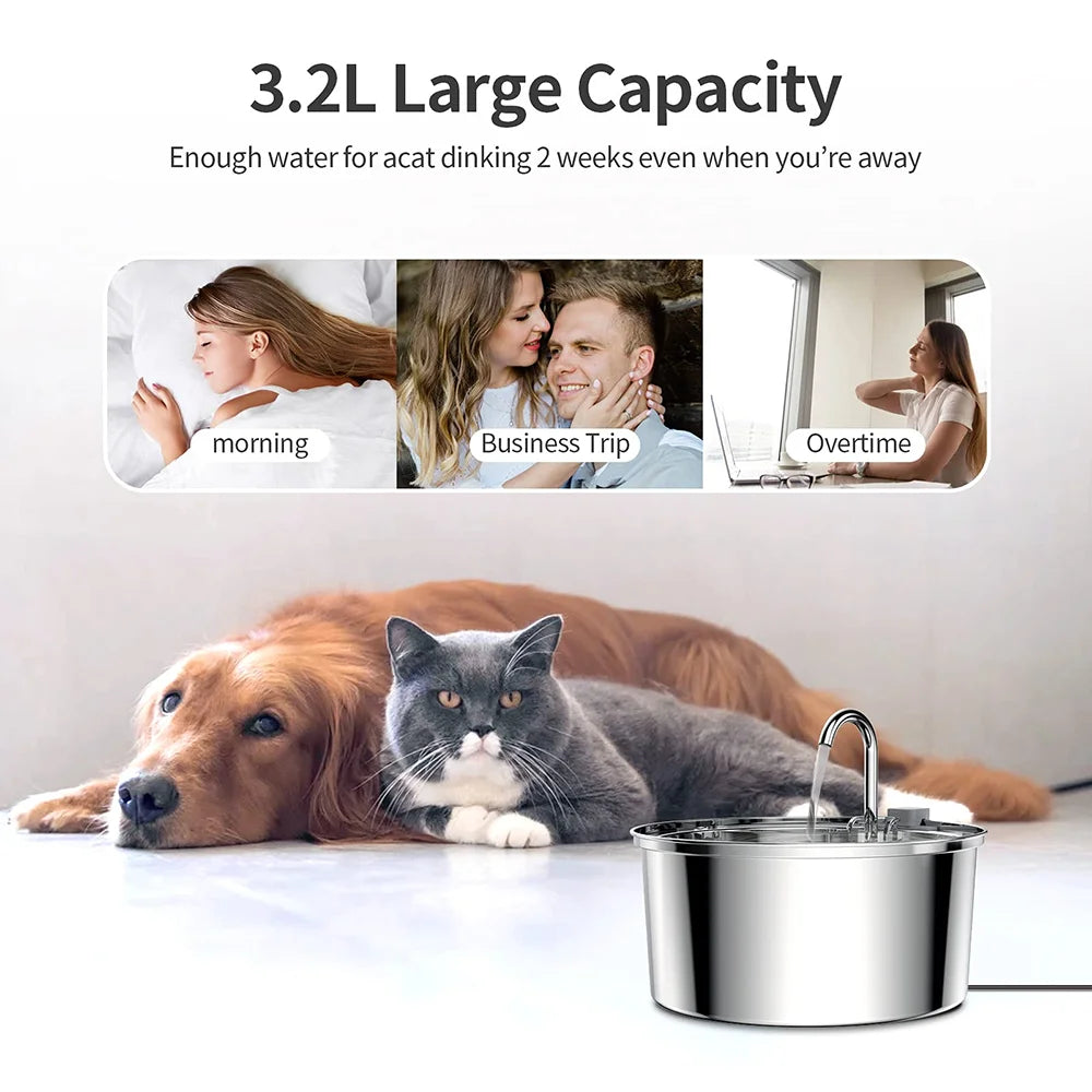 Stainless Steel Pet Water Fountain – Automatic USB Electric Silent Drinking Bowl with Filter System, 3L / 108Oz Capacity for Cats & Dogs
