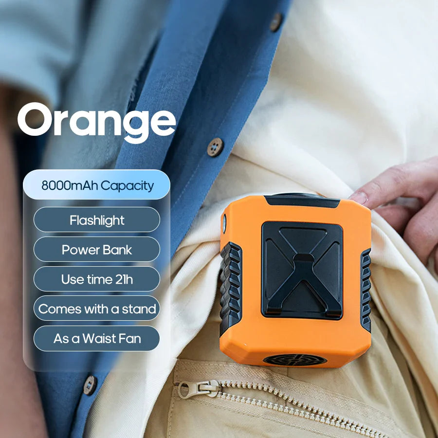 20000mAh Portable Waist Fan – Hanging Neck & Clip Fan with 10 Speeds, LED Light & Power Bank for Outdoor Sports