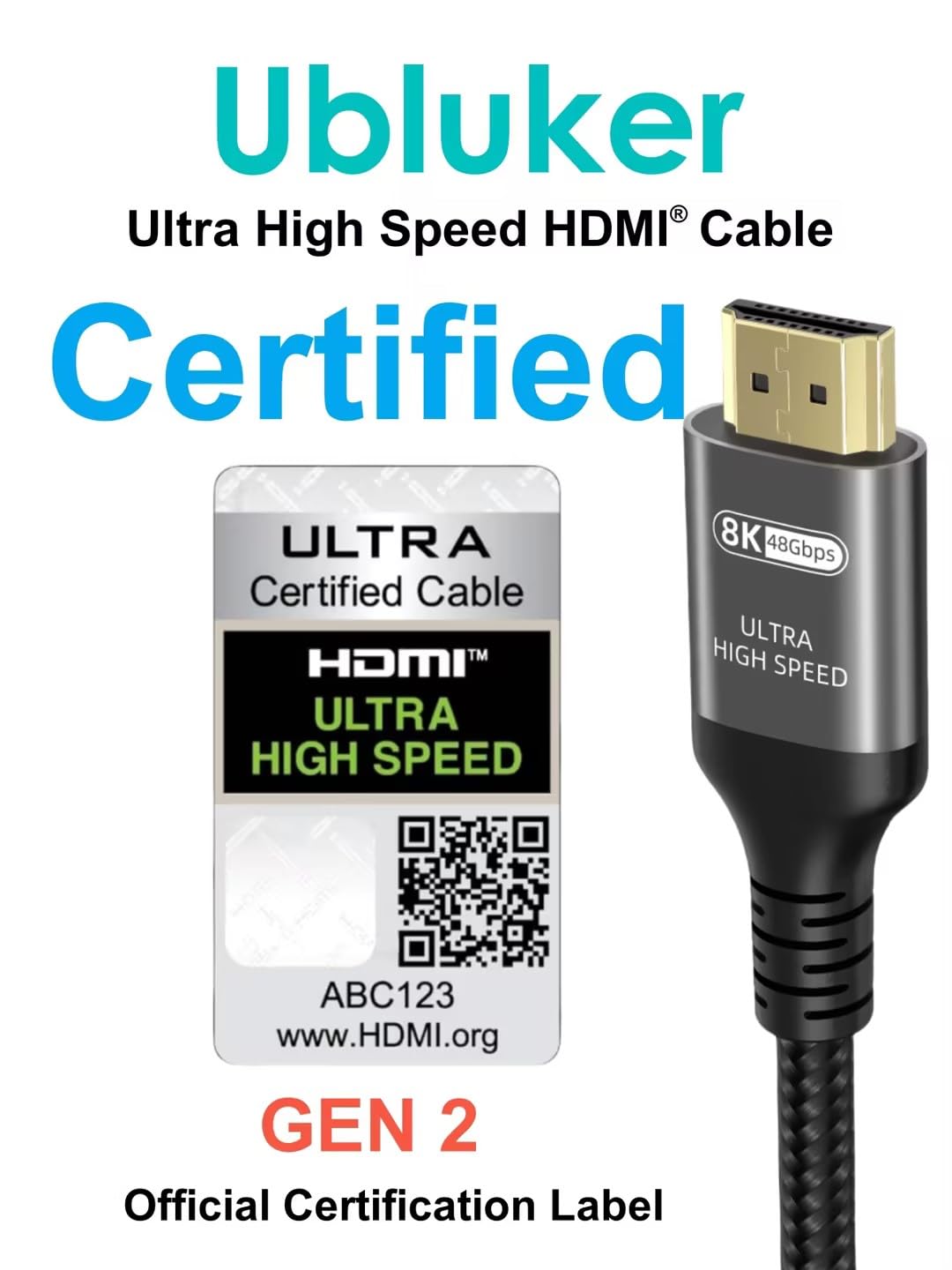 Certified Ultra High Speed HDMI Cable 48Gbps 6.6FT, 8K/4K HDR10+ eARC HDCP2.3 for TV, Monitor, Projector, PS5 & Xbox