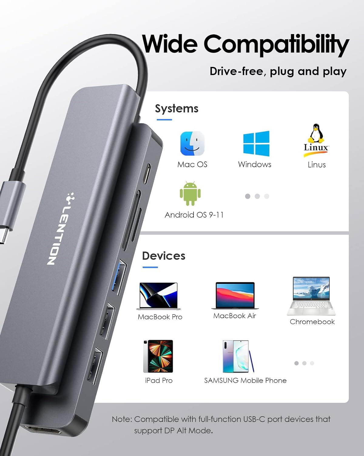 LENTION USB C Hub 7-in-1 with 100W Charging, 4K HDMI, Dual Card Reader, USB 3.0 & 2.0 – Stable Driver Adapter for MacBook Pro, MacBook Air, Surface, Chromebook & More (CB-CE18, Space Gray)