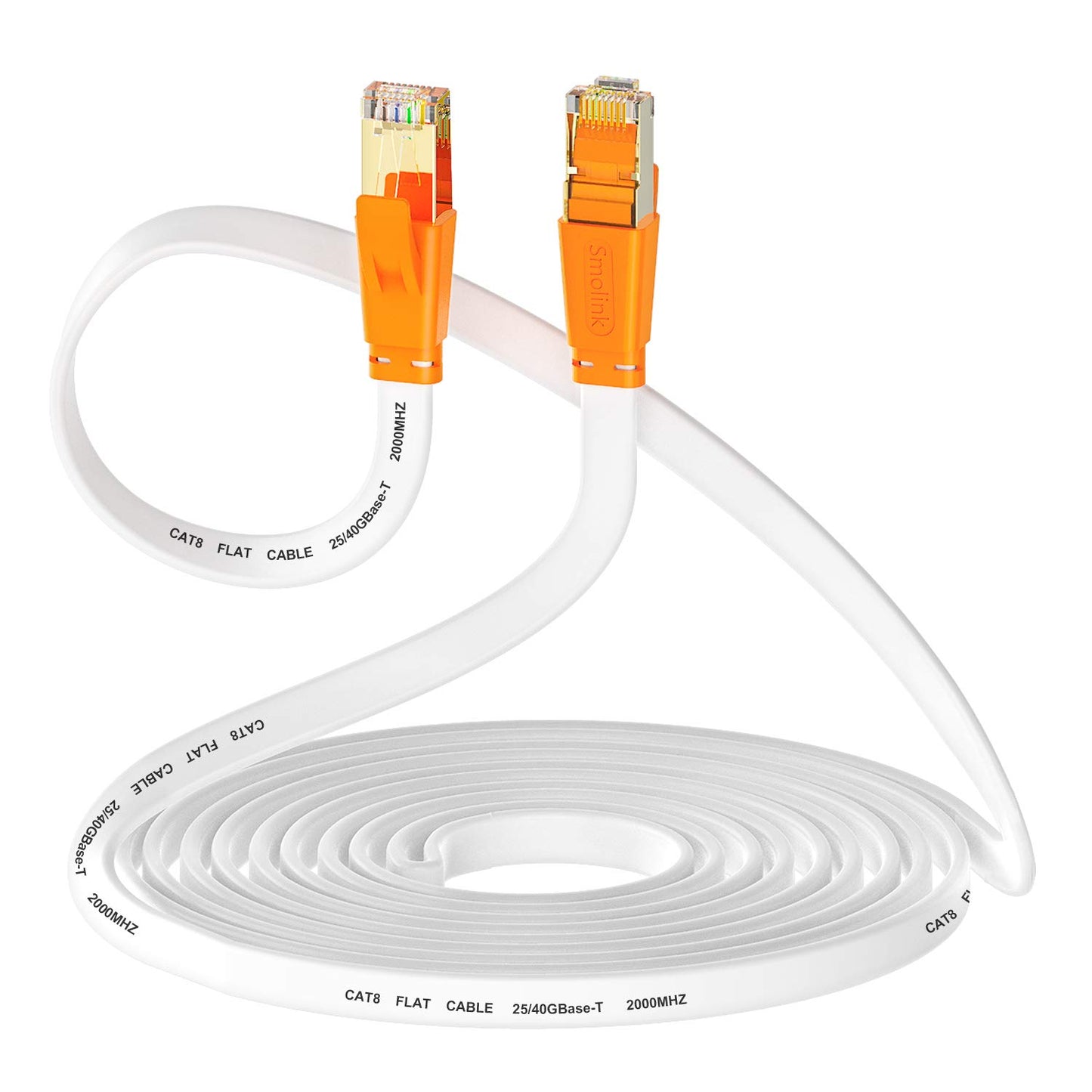 Smolink Cat 8 Ethernet Cable 15ft – Flat High Speed LAN Cable, 40Gbps 2000MHz S/FTP Shielded RJ45 Patch Cord with Gold-Plated Connectors, White