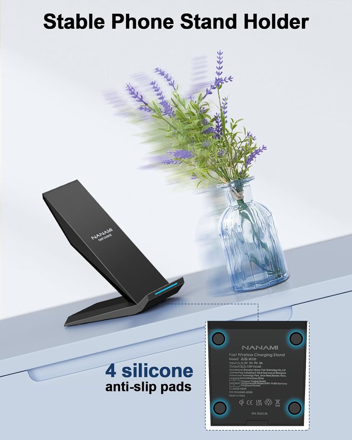 NANAMI Fast Wireless Charger – 15W Qi-Certified Wireless Charging Stand, Dual-Coil Vertical & Horizontal Charging for iPhone 16/15/14/13/12, Samsung Galaxy S25/S24/S23/S22/S21, and All Qi-Enabled Devices