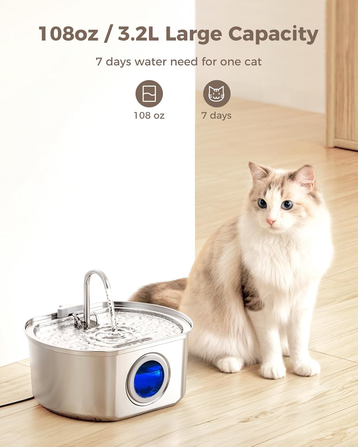 Cat Water Fountain Stainless Steel – 108 oz/3.2 L Automatic Pet Water Dispenser with Quadruple Filtration, Water Level Window & Quiet Pump