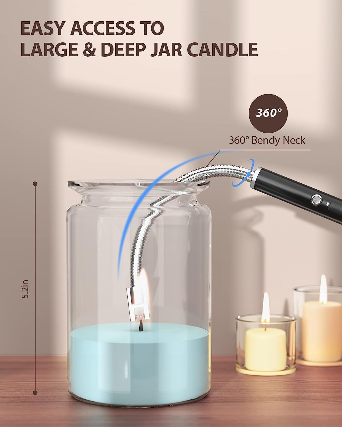 Candle Lighter, Electric Arc Lighter with LED Battery Display, Rechargeable Type-C Flameless Long Lighter for Candles, BBQ, Camping, Fireplace (Black)