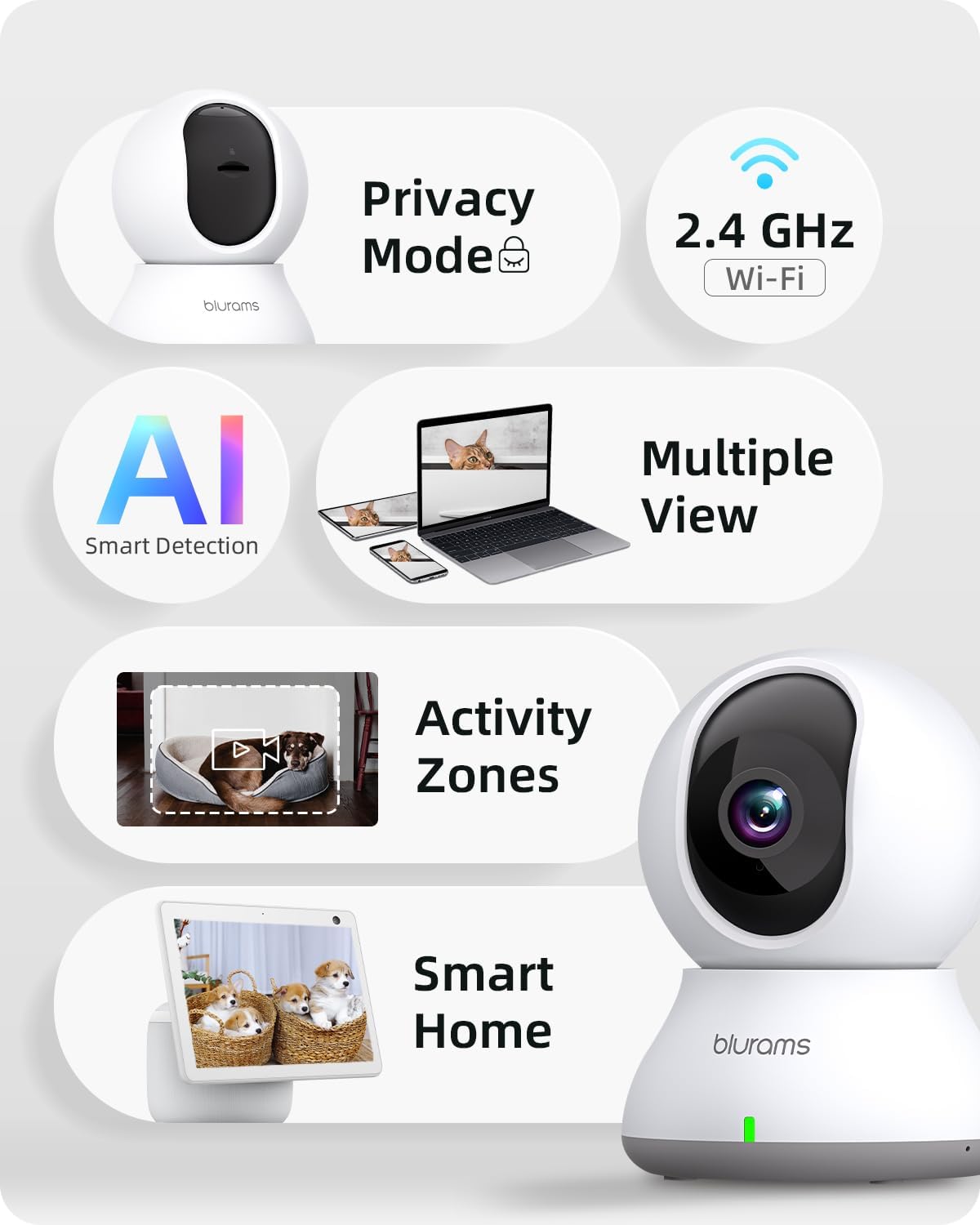 Blurams Indoor Camera 2K – 360° Pan/Tilt Pet Cam with Motion Tracking, 2-Way Audio, Night Vision, AI Detection, Works with Alexa & Google