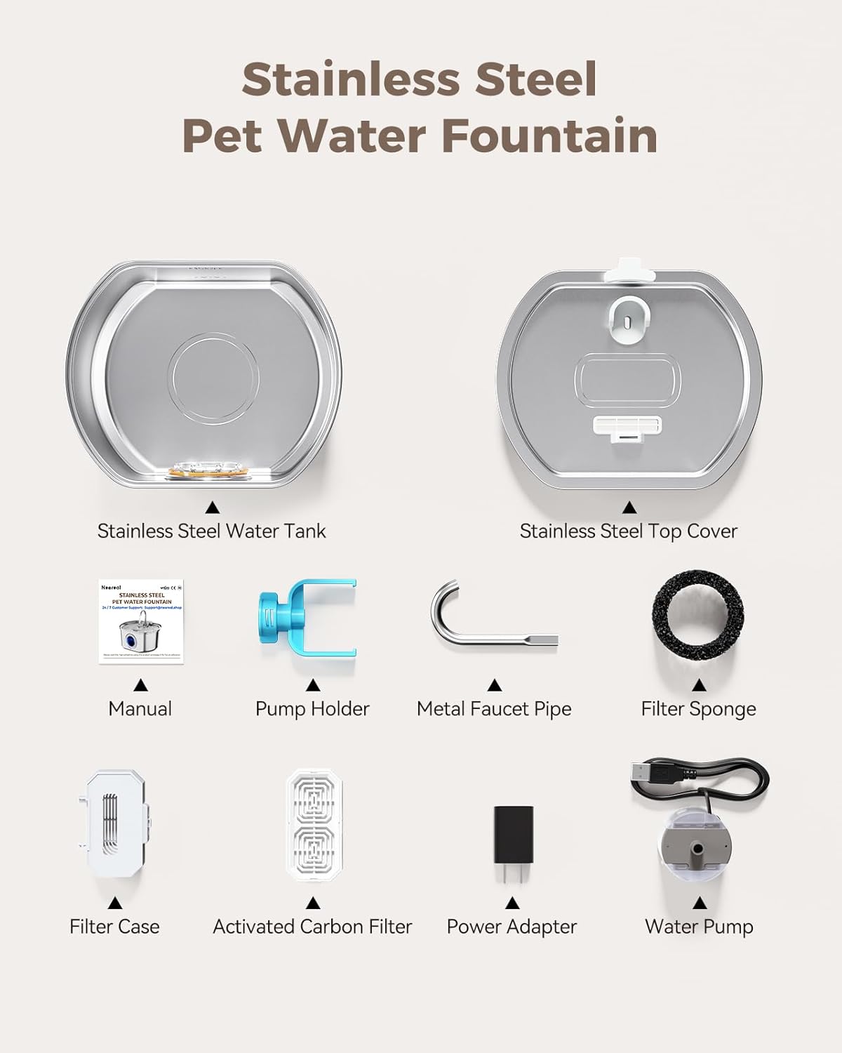 Cat Water Fountain Stainless Steel – 108 oz/3.2 L Automatic Pet Water Dispenser with Quadruple Filtration, Water Level Window & Quiet Pump