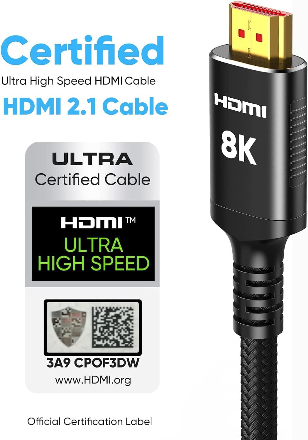 Snowkids 8K Certified HDMI 2.1 Cable (10ft) – 48Gbps Ultra High-Speed HDMI Cord – 8K@60Hz / 4K@120Hz – Compatible with TV, Laptop, Monitor, PS5, Xbox, Projector, Entertainment & Sound Systems