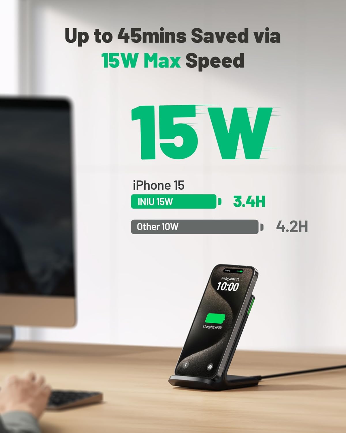INIU 15W Fast Wireless Charger Stand – Qi-Certified, Sleep-Friendly Light, TempGuard, Dual-Coil, Compatible with iPhone, Samsung Galaxy, Pixel & More