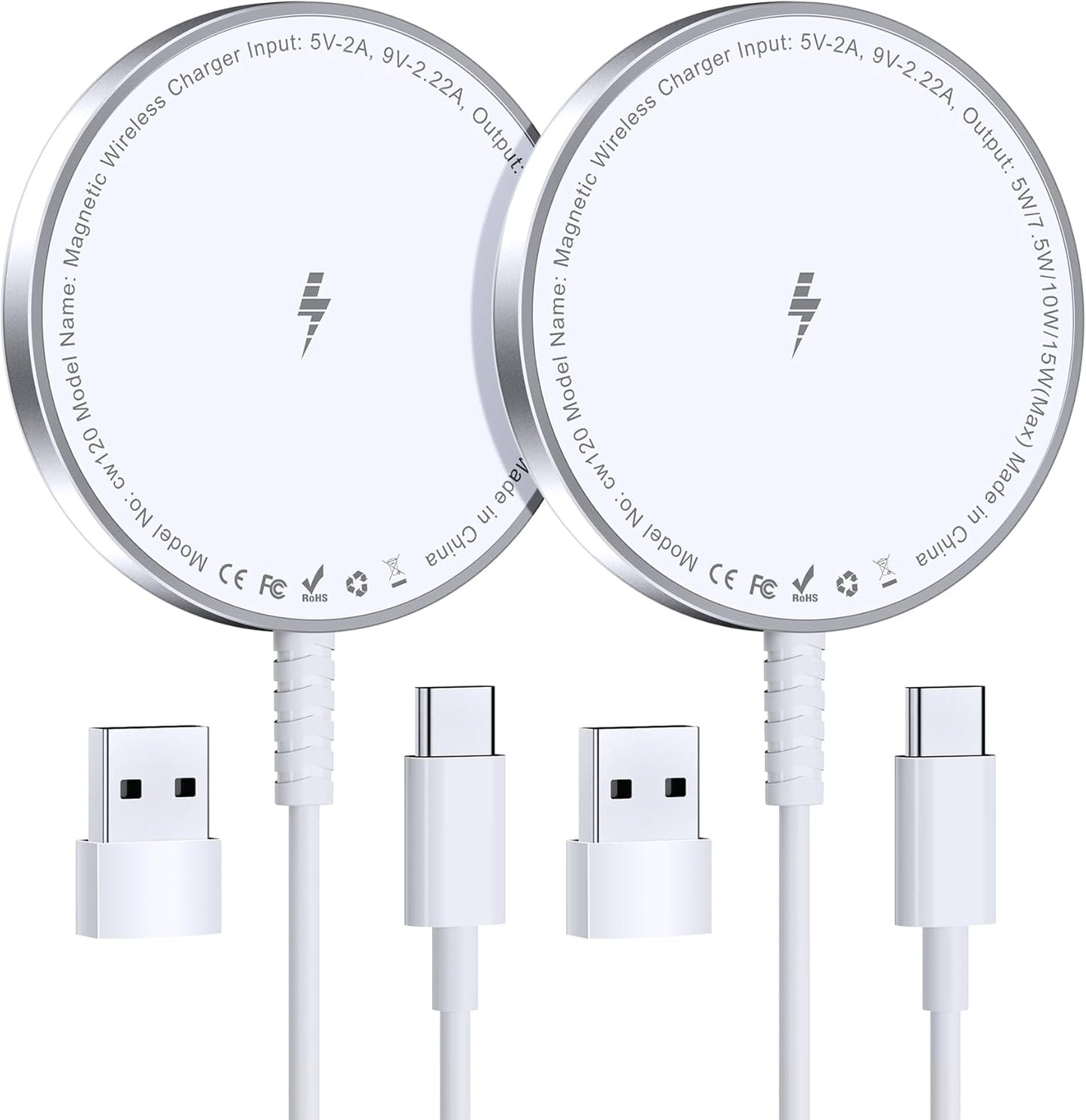 MagSafe Charger 2-Pack, 15W Magnetic Wireless Charging Pads with Strong Magnet & Aluminum Alloy Shell, USB-C/USB-A Ports, Ultra-Thin & Portable Fast Charger for iPhone 16/15/14/13/12 Series & AirPods Pro/4/3/2