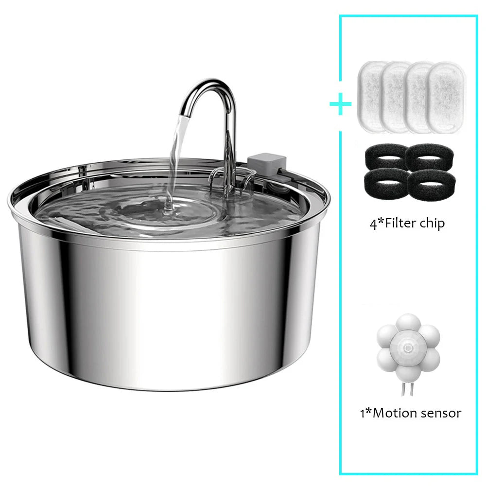 Stainless Steel Pet Water Fountain – Automatic USB Electric Silent Drinking Bowl with Filter System, 3L / 108Oz Capacity for Cats & Dogs