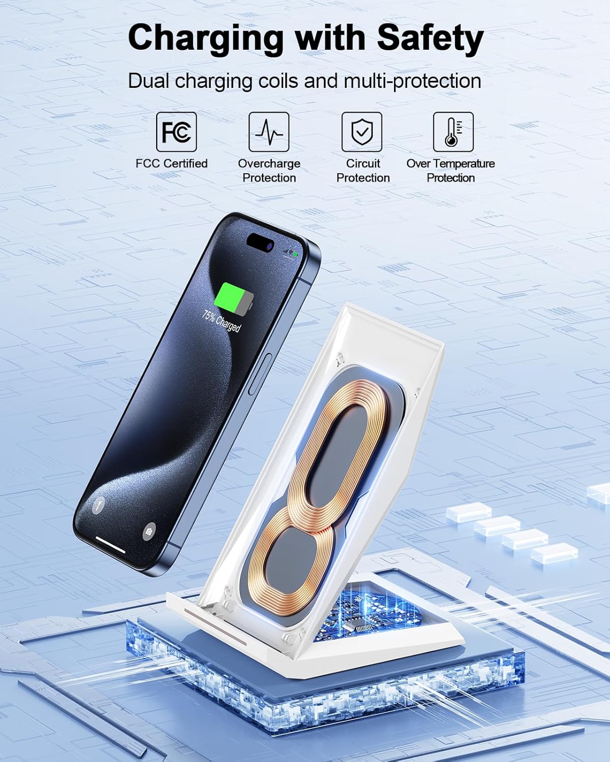 NANAMI Fast Wireless Charger Stand – Qi-Certified, 7.5W for iPhone 16/15/14/13/12 Series, 10W for Samsung Galaxy S24/S23/S22/S21/S20, Compatible with Qi-Enabled Devices