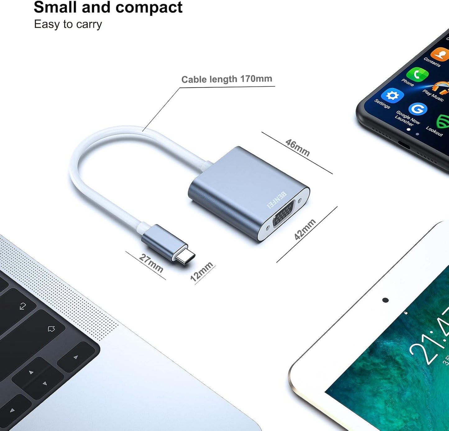 BENFEI USB-C to VGA Adapter – Thunderbolt 3/4 Converter, Aluminum Shell – Compatible with MacBook, iPhone 15, iPad, Dell, HP, Samsung