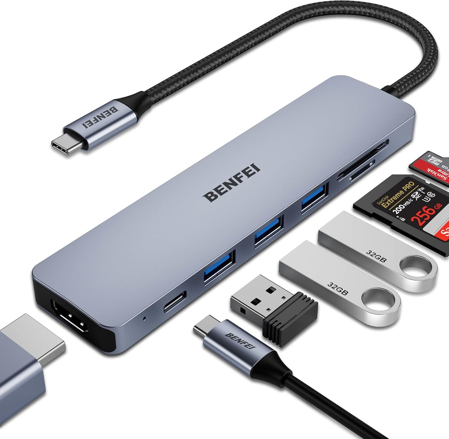 BENFEI USB-C Hub 7-in-1 – 4K HDMI, 100W PD, 3× USB 3.0, SD/TF Card Reader – Compatible with MacBook, iPhone 15, iPad Pro, Dell, Surface, Samsung
