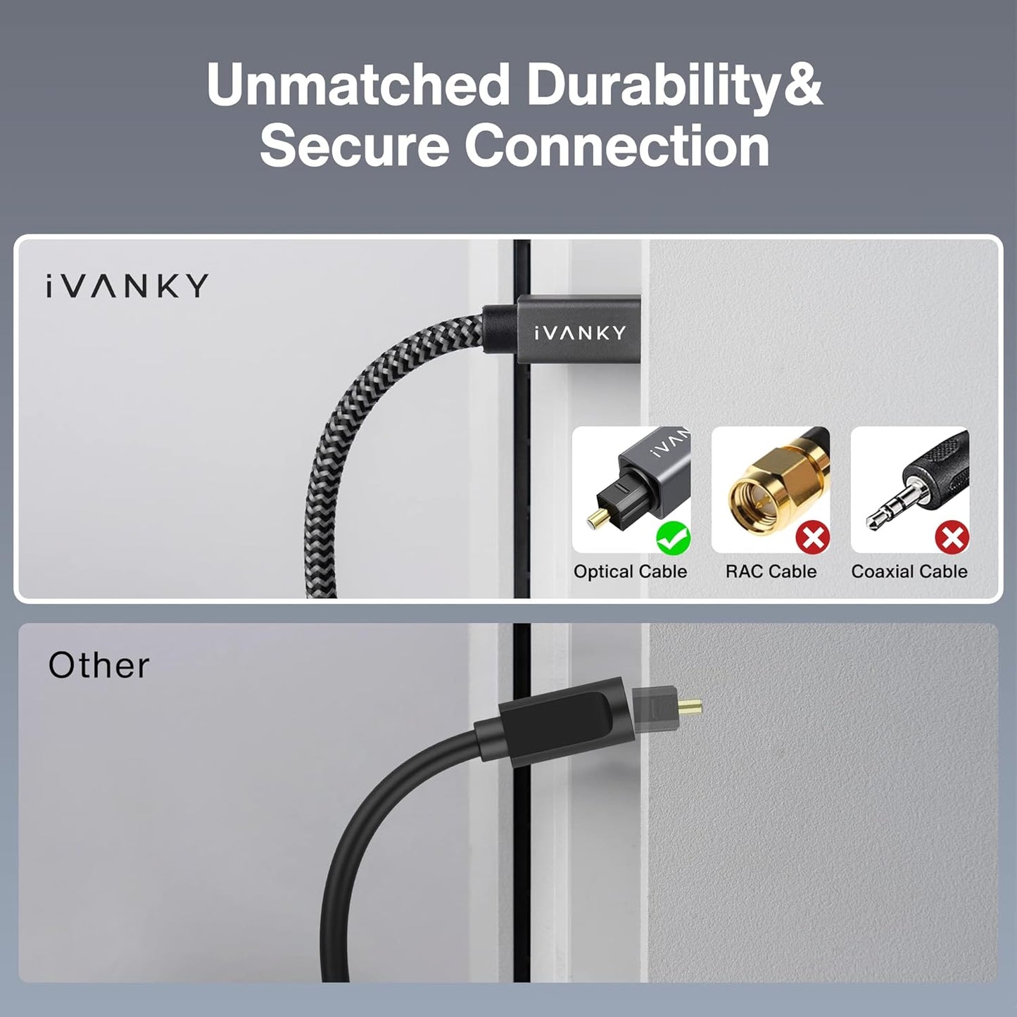 iVANKY 10ft Optical Audio Cable – Toslink S/PDIF Fiber, Nylon Braided, Gold-Plated, CL3 Rated, for TV, Soundbar, Home Theater, Xbox, PS4, Sonos & More