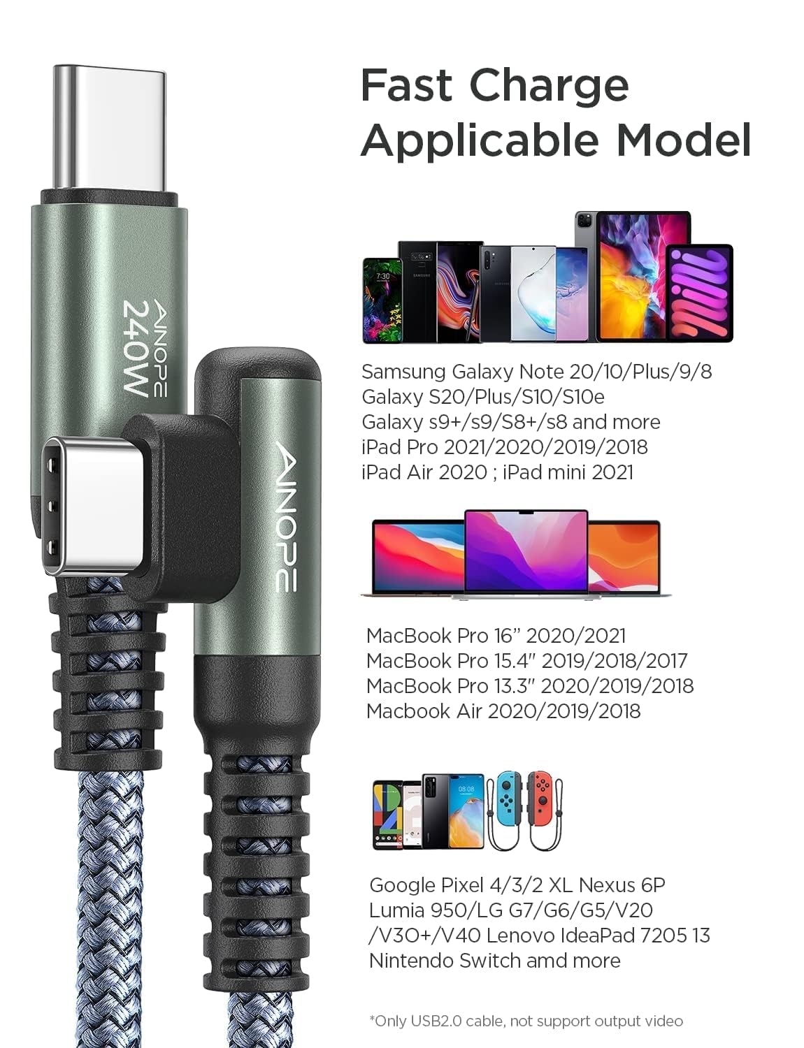 AINOPE USB-C to USB-C Cable 10ft | 240W Fast Charging | Right Angle Cord - Home Pulse