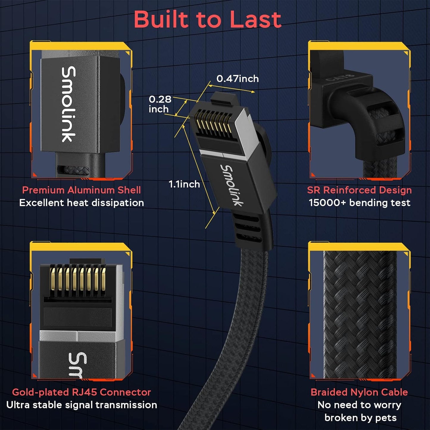 Smolink Cat 8 Ethernet Cable 50ft – 40Gbps 2000MHz High Speed Flat LAN Cable, Nylon Braided Shielded S/FTP RJ45 Heavy Duty Network Cable for Gaming, Router, Modem, PC, Xbox, PS4/PS5