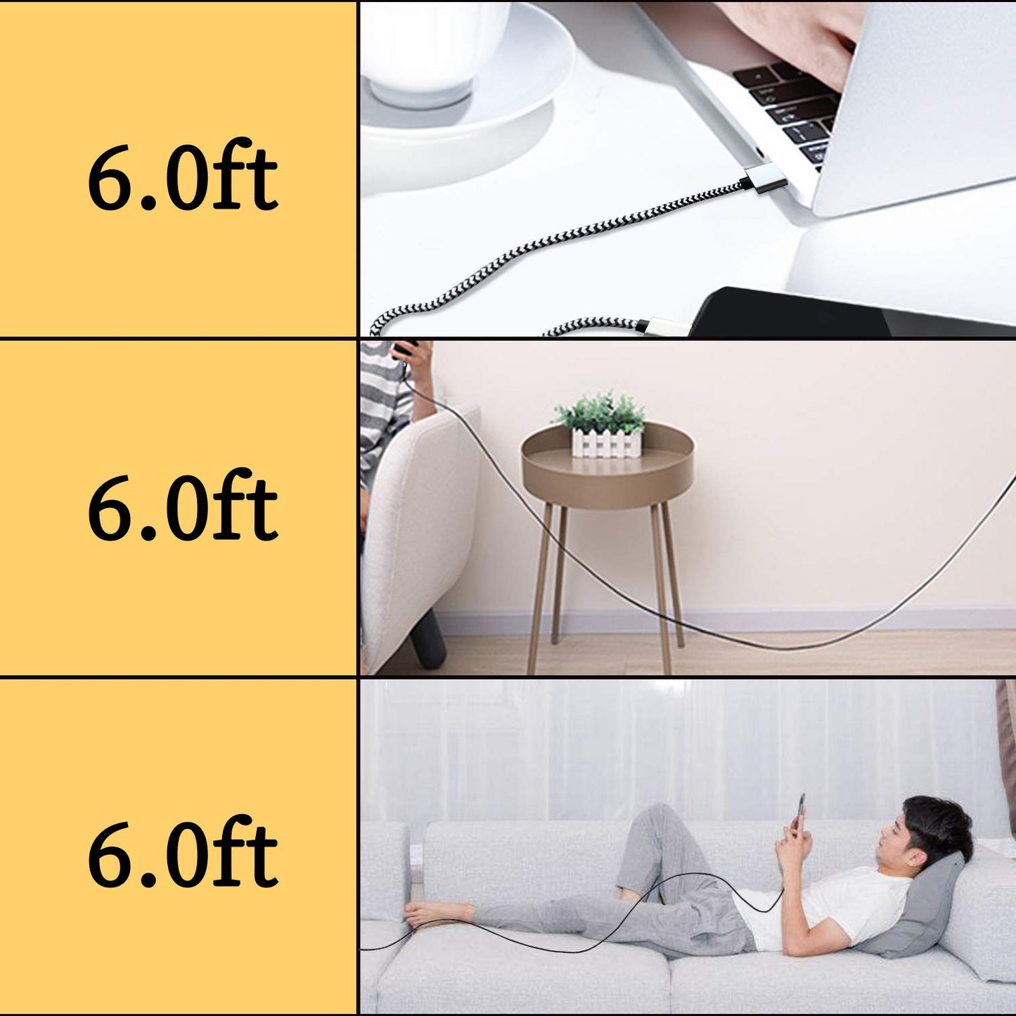 USB-C Cable 5-Pack 6ft | 3A Fast Charging Nylon Braided | Samsung Galaxy - Home Pulse