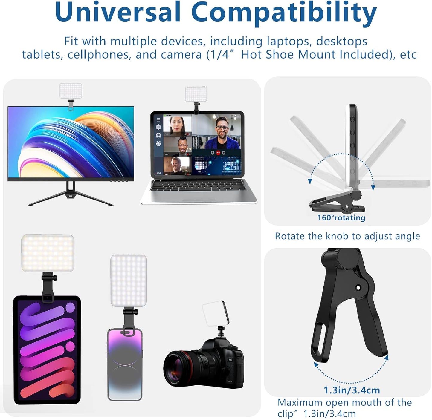 60-LED Portable Selfie Light – Rechargeable Clip-On with Tripod Adapter, 3 Light Modes for Phone, iPhone, Webcam & Laptop