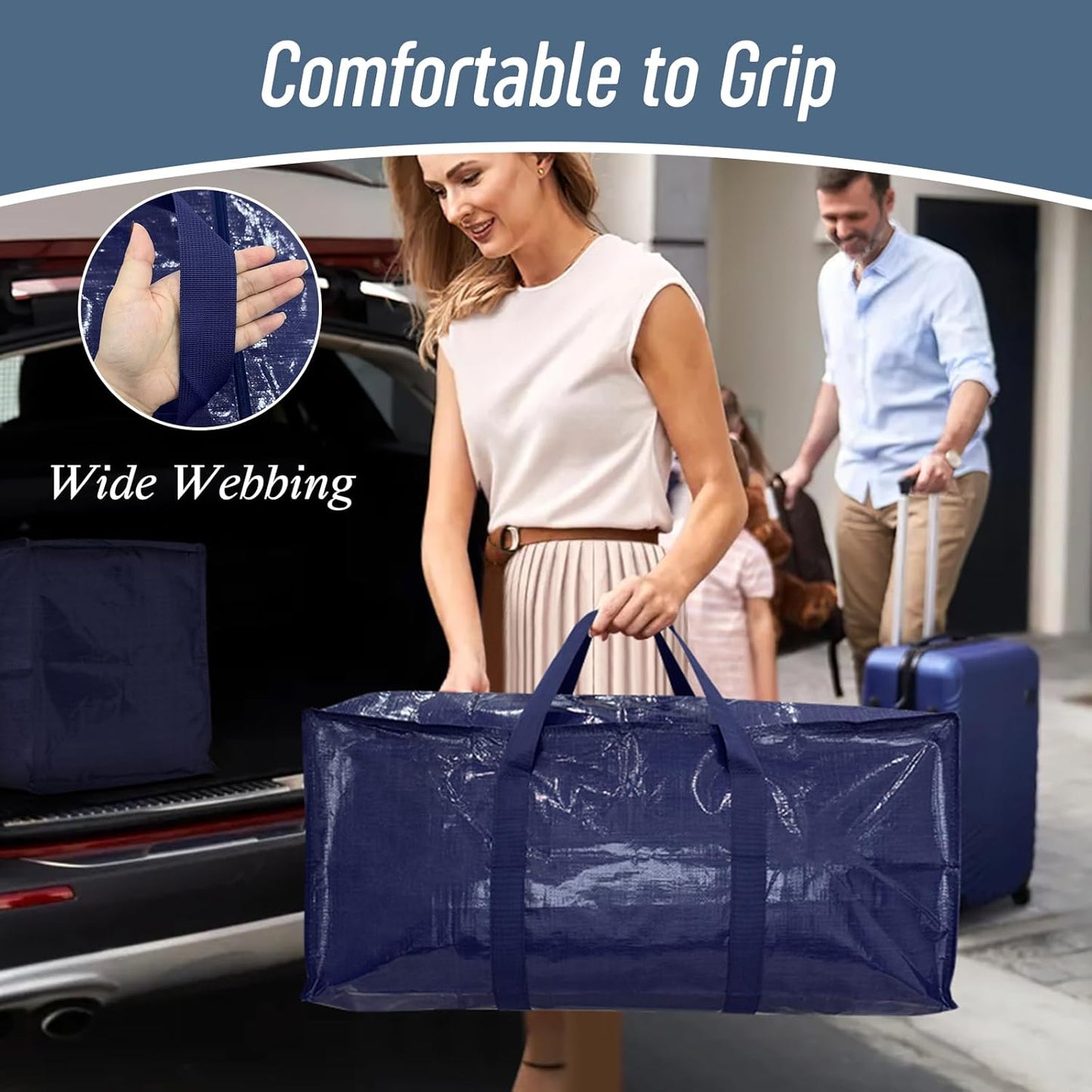 6-Pack Extra Heavy Duty Large Moving Bags – Durable Clothes Storage Bags with Strong Zipper & Handles, Blue Totes for College & Home