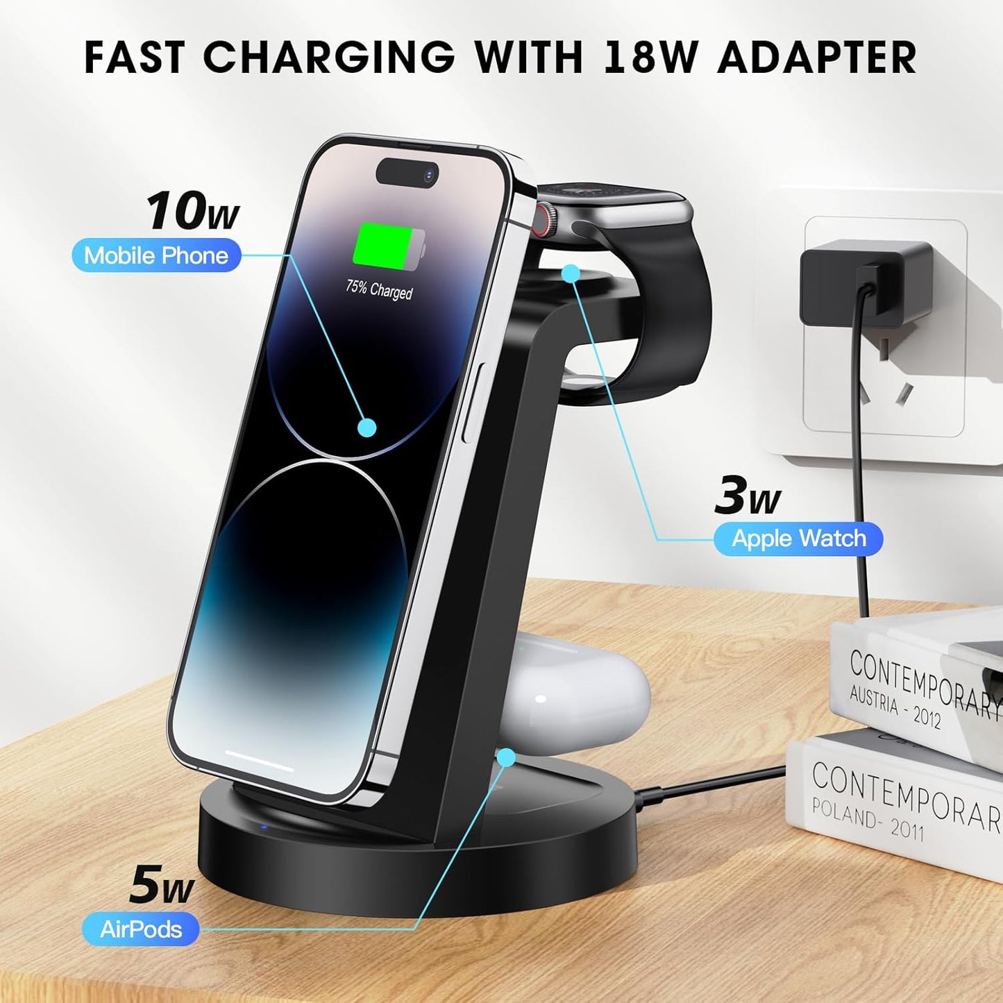 3-in-1 Wireless Charging Station – Fast Charger Dock for iPhone, Apple Watch & AirPods (Adapter Included)