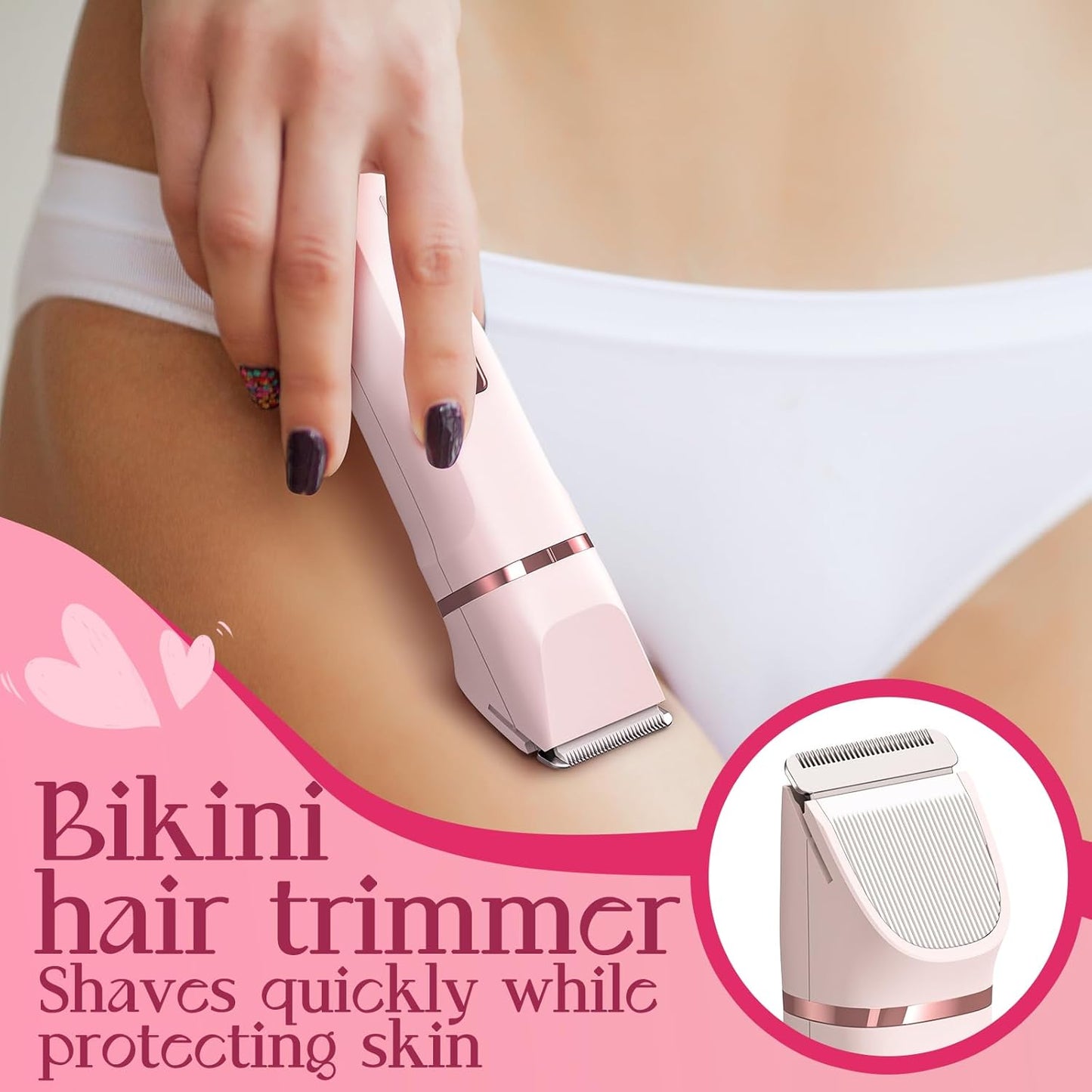 Bikini Trimmer for Women – Painless Electric Razor, Cordless Body Shaver, IPX7 Waterproof, Replaceable Blade, USB Charging Dock