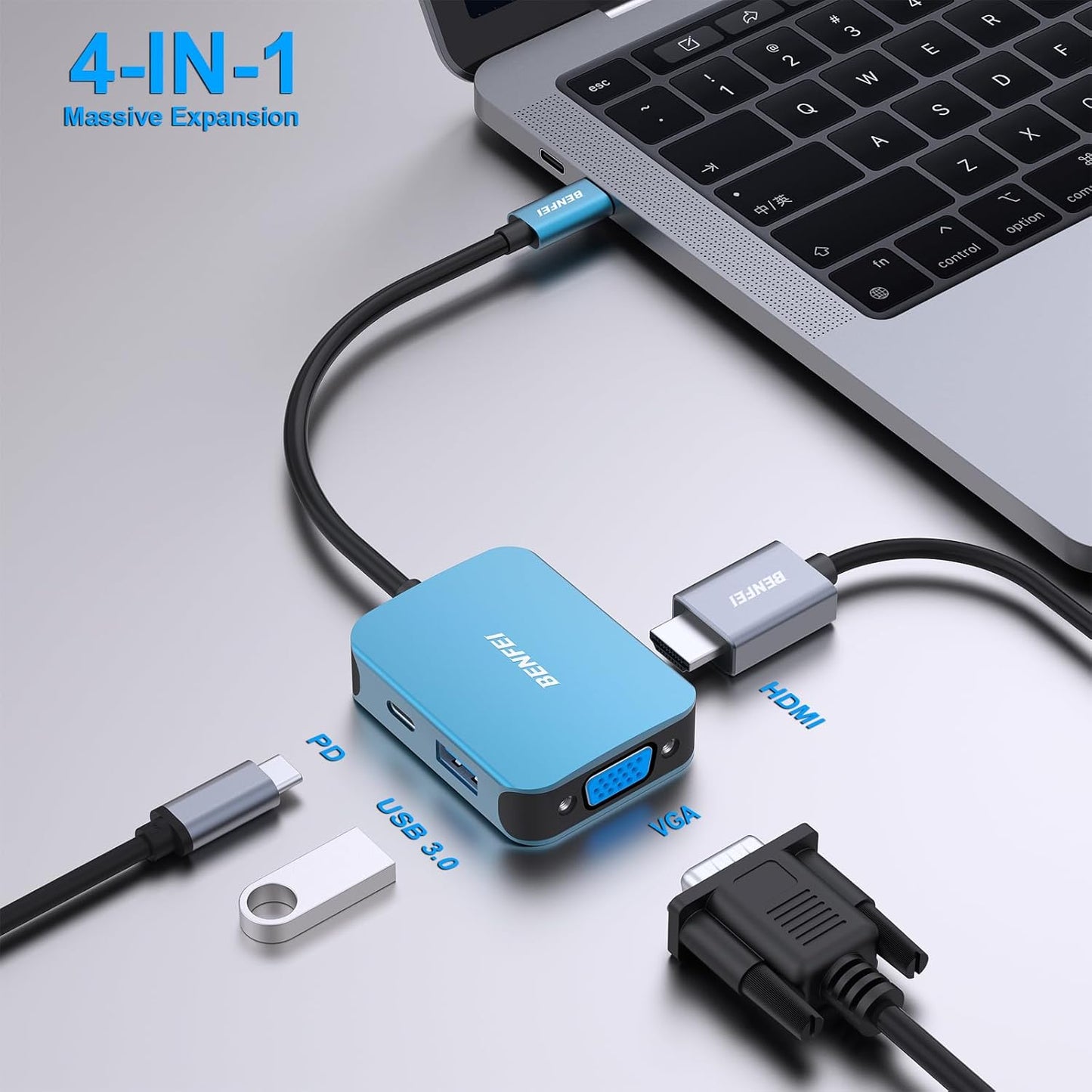 BENFEI USB-C Hub 4-in-1 – HDMI & VGA Dual Display, USB 3.0, 60W PD – Compatible with MacBook, iPhone 15, Dell, HP, Lenovo, Samsung