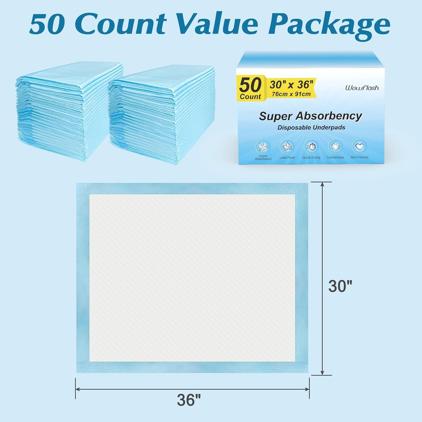50-Pack 30"x36" Super Absorbent Disposable Underpads – Leakproof Bed Pads for Babies, Adults & Pets, XXL Quick-Dry Incontinence Pads