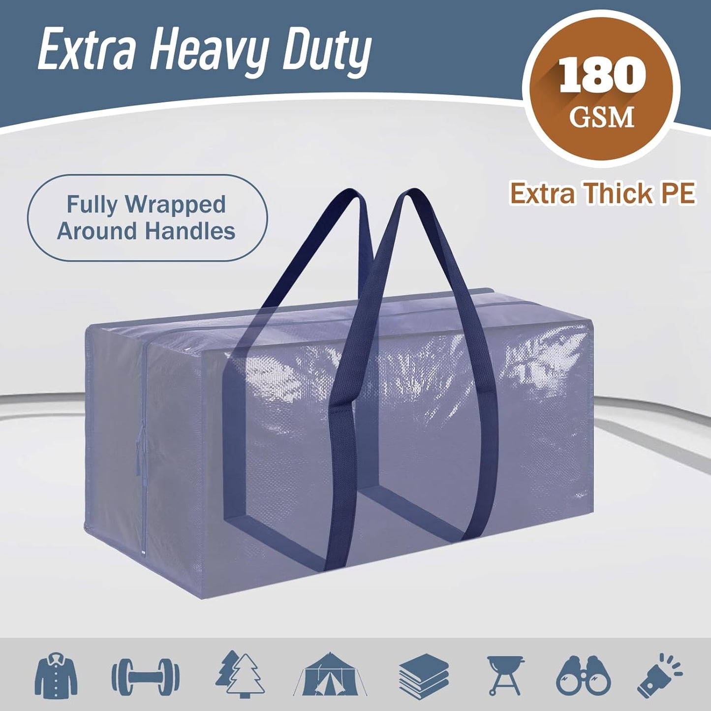 6-Pack Extra Heavy Duty Large Moving Bags – Durable Clothes Storage Bags with Strong Zipper & Handles, Blue Totes for College & Home