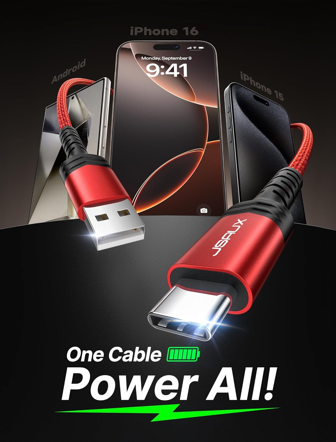 JSAUX USB-C Cable 2-Pack 6.6 ft – USB-A to USB-C, 3.1A Fast Charging, Compatible with iPhone 16/15 Series, Samsung S20/S10/S9, Note 20/10, CarPlay