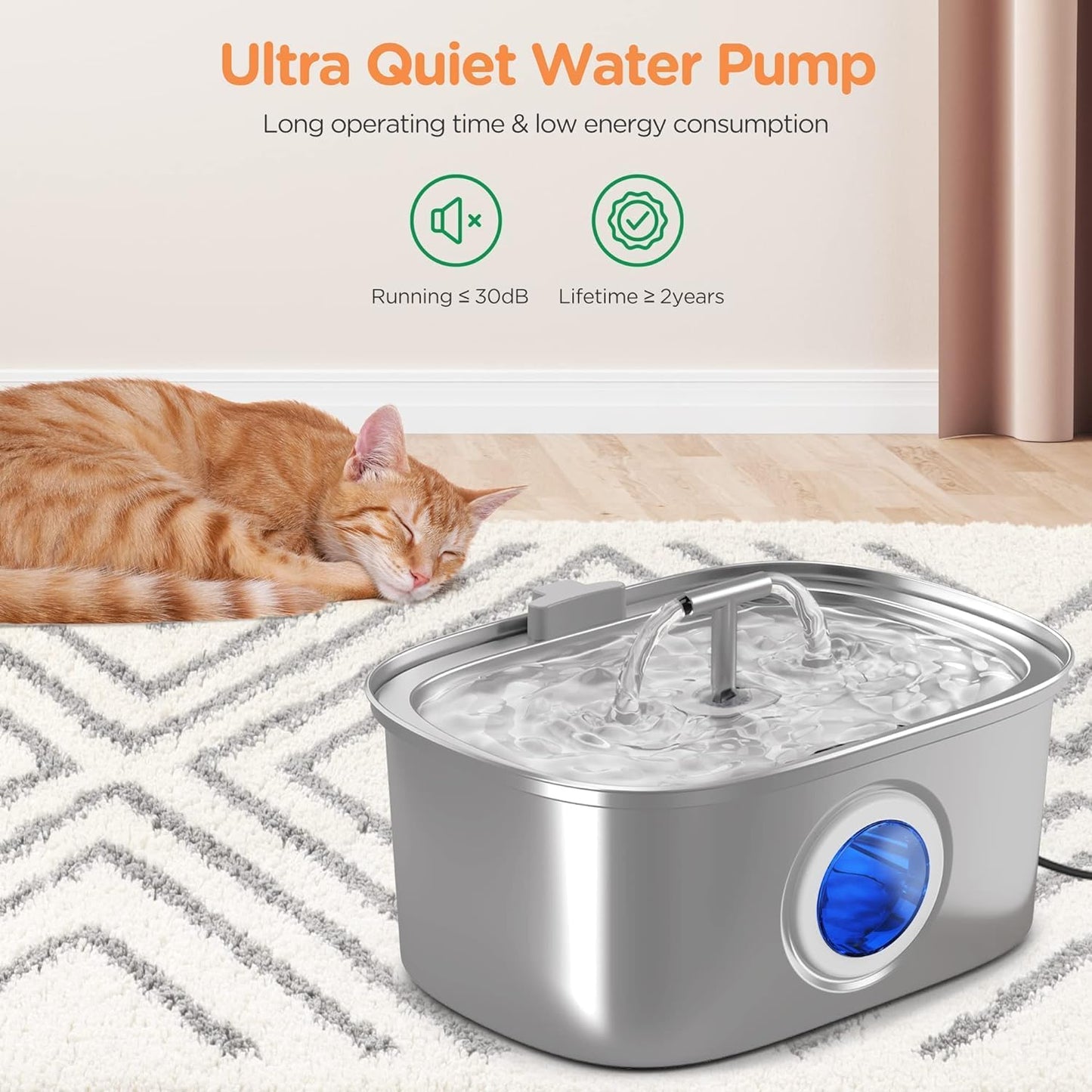 Cat Water Fountain Stainless Steel – 108Oz / 3.2L Automatic Pet Fountain with Water Level Window