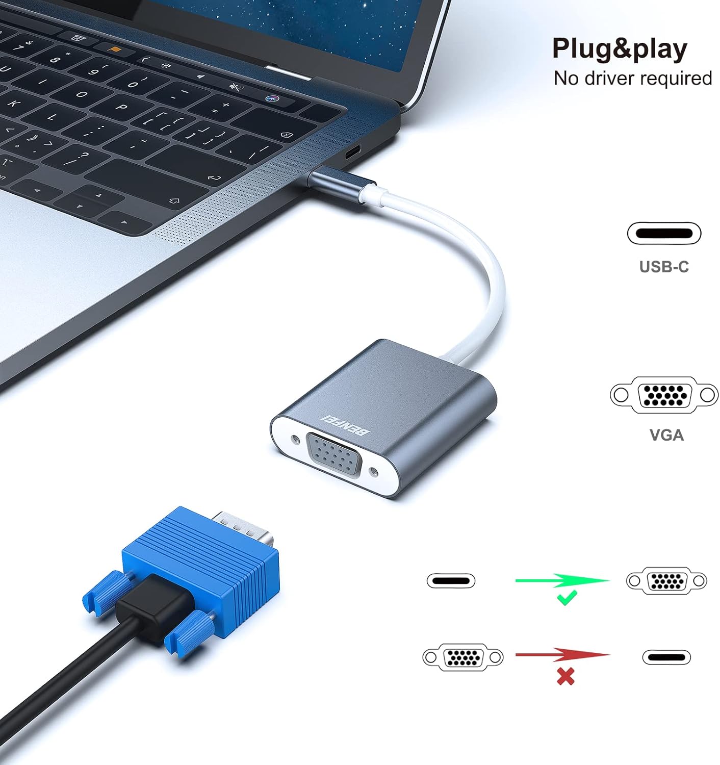 BENFEI USB-C to VGA Adapter – Thunderbolt 3/4 Converter, Aluminum Shell – Compatible with MacBook, iPhone 15, iPad, Dell, HP, Samsung