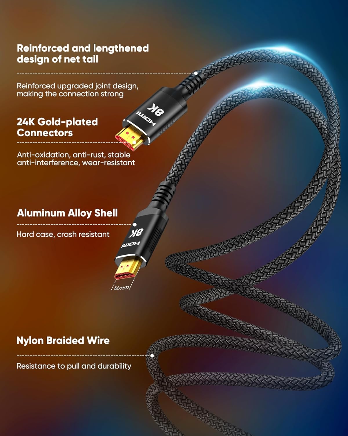 Snowkids 8K Certified HDMI 2.1 Cable (10ft) – 48Gbps Ultra High-Speed HDMI Cord – 8K@60Hz / 4K@120Hz – Compatible with TV, Laptop, Monitor, PS5, Xbox, Projector, Entertainment & Sound Systems