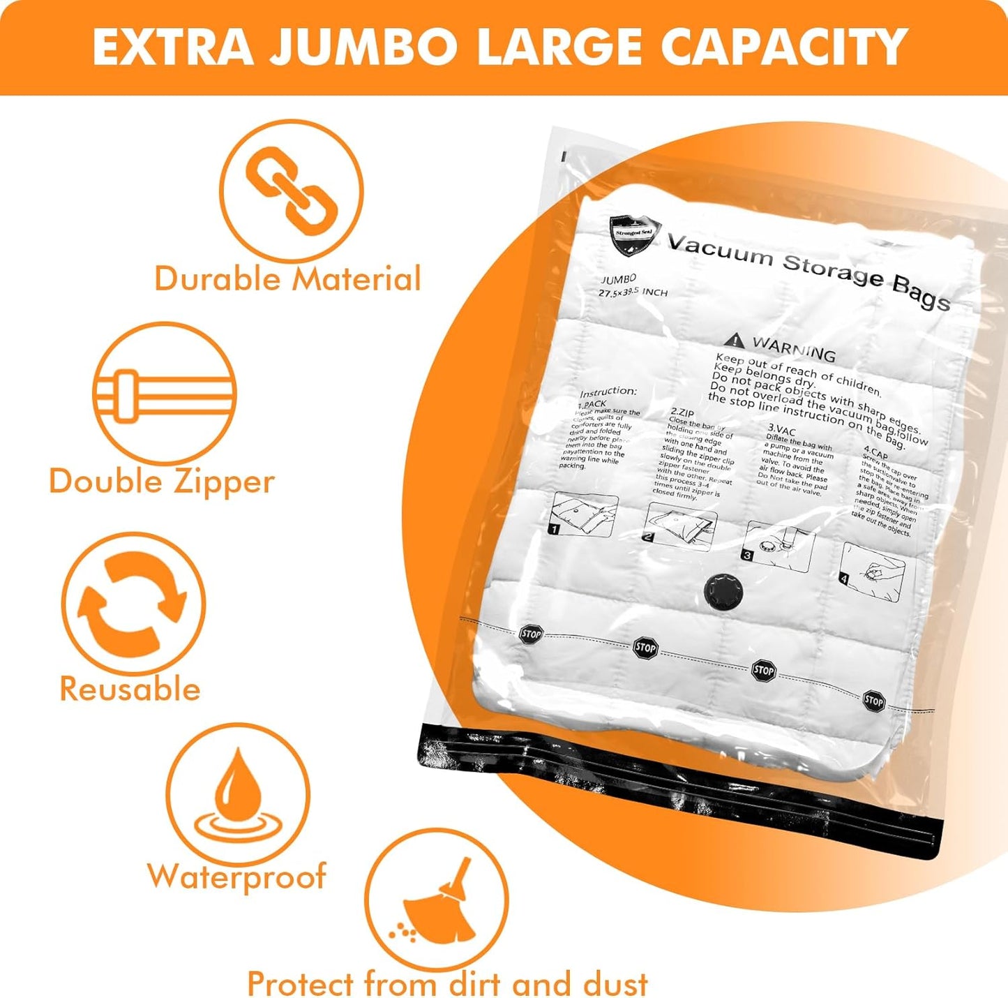 12 Pack Vacuum Storage Bags with Hand Pump – Jumbo, Large, Medium & Small Compression Space Saver Bags for Clothes, Blankets & Bedding