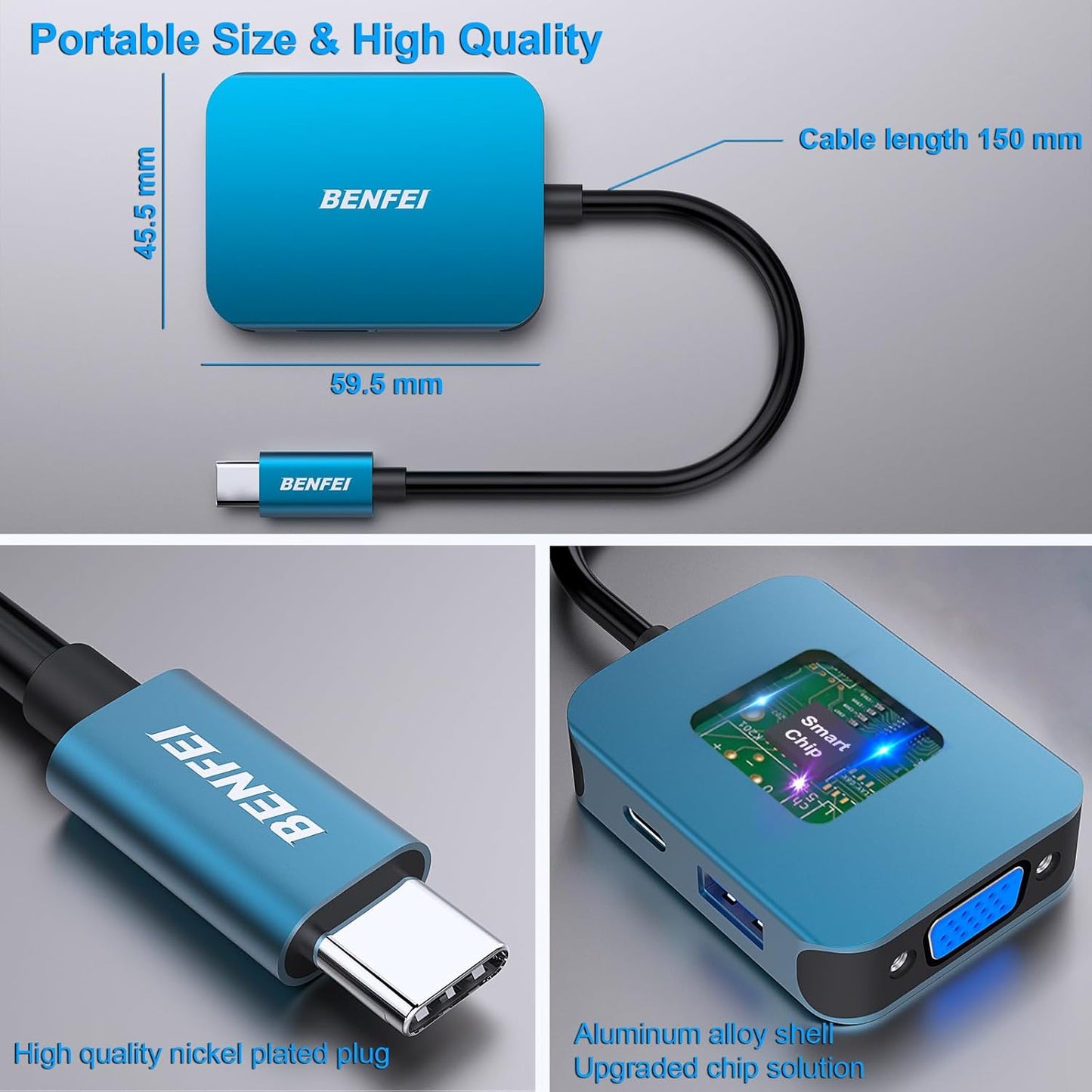 BENFEI USB-C Hub 4-in-1 – HDMI & VGA Dual Display, USB 3.0, 60W PD – Compatible with MacBook, iPhone 15, Dell, HP, Lenovo, Samsung