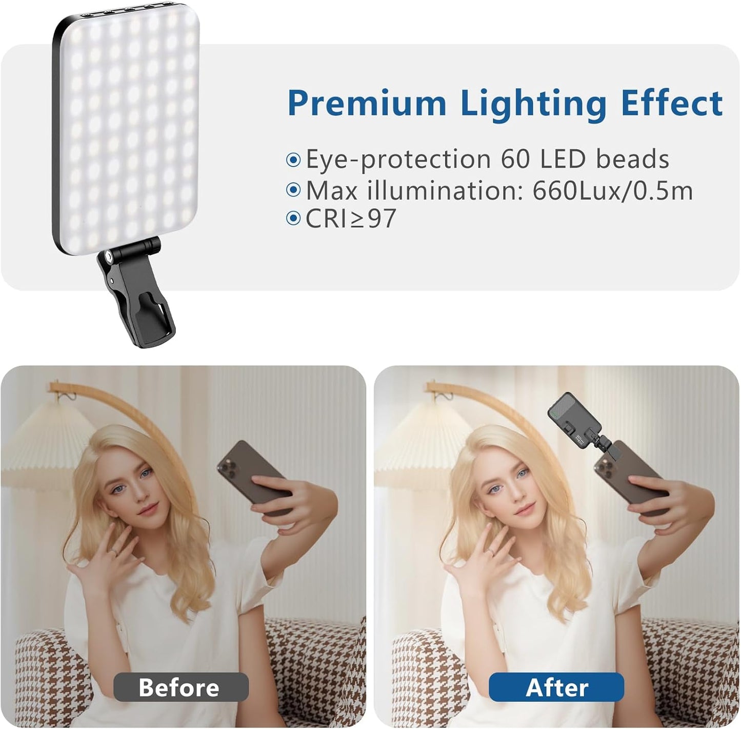 60-LED Portable Selfie Light – Rechargeable Clip-On with Tripod Adapter, 3 Light Modes for Phone, iPhone, Webcam & Laptop