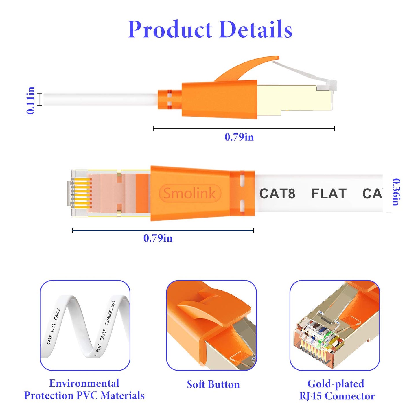 Smolink Cat 8 Ethernet Cable 15ft – Flat High Speed LAN Cable, 40Gbps 2000MHz S/FTP Shielded RJ45 Patch Cord with Gold-Plated Connectors, White