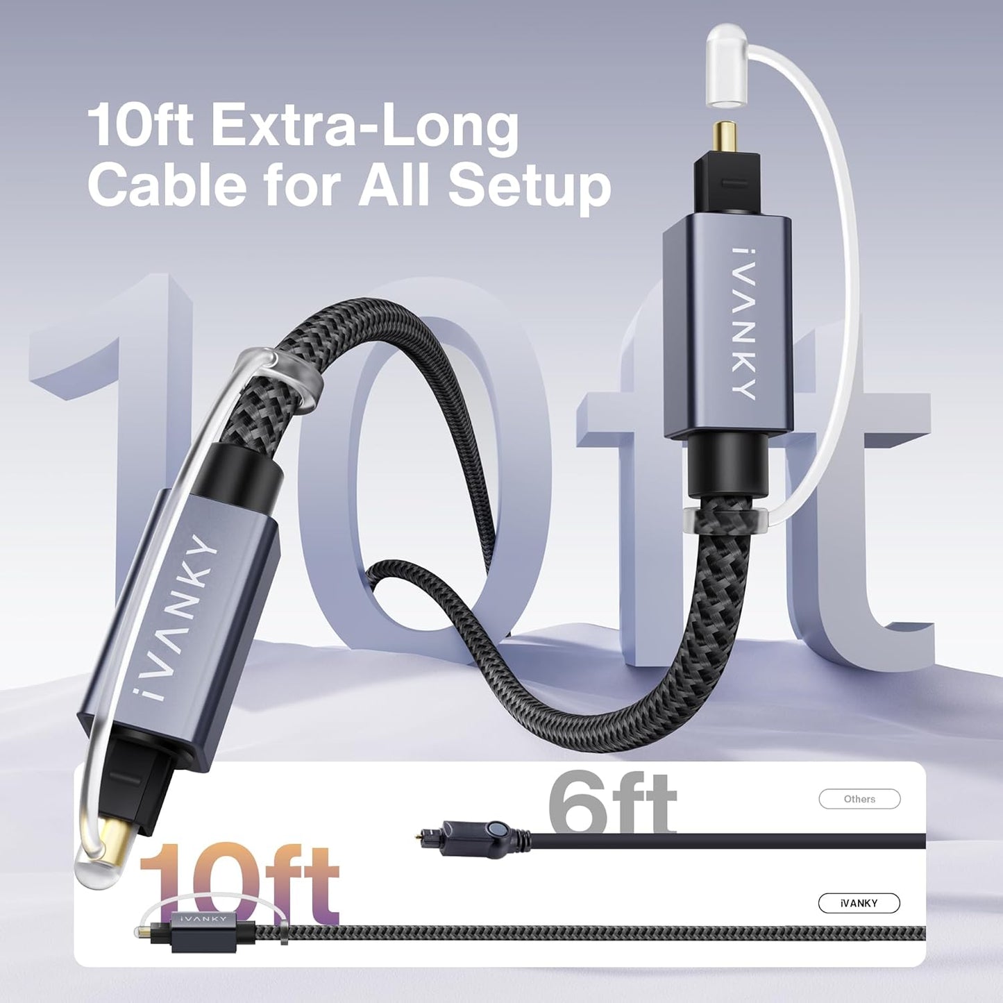 iVANKY 10ft Optical Audio Cable – Toslink S/PDIF Fiber, Nylon Braided, Gold-Plated, CL3 Rated, for TV, Soundbar, Home Theater, Xbox, PS4, Sonos & More