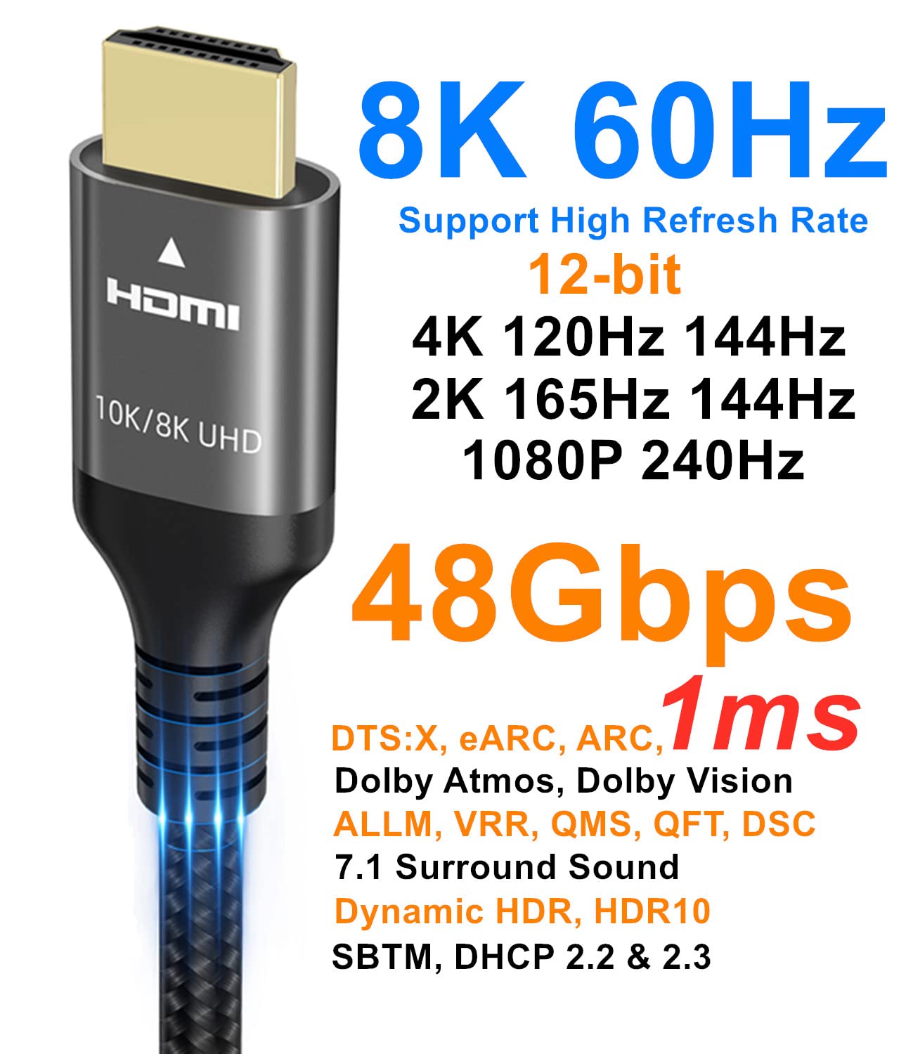 Certified Ultra High Speed HDMI Cable 48Gbps 6.6FT, 8K/4K HDR10+ eARC HDCP2.3 for TV, Monitor, Projector, PS5 & Xbox