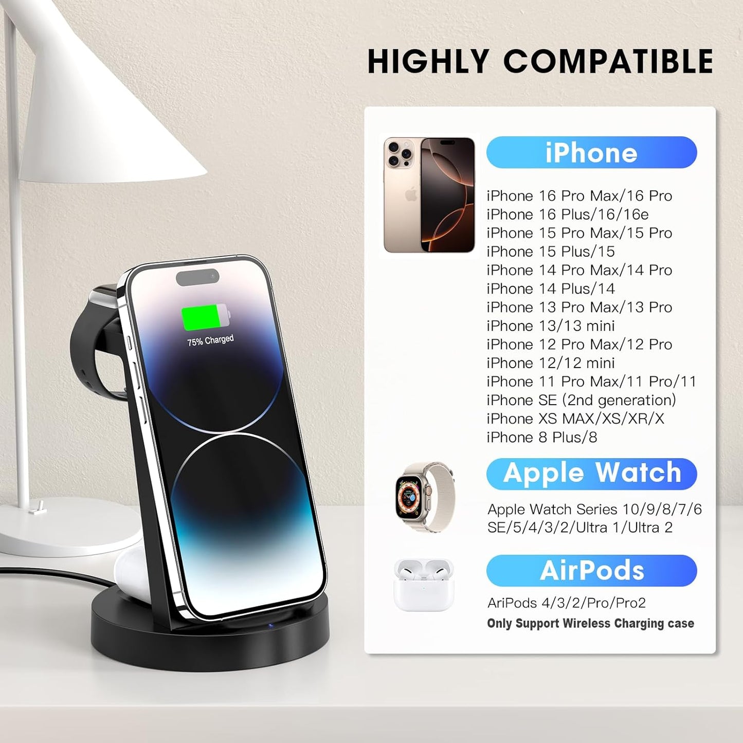 3-in-1 Wireless Charging Station – Fast Charger Dock for iPhone, Apple Watch & AirPods (Adapter Included)