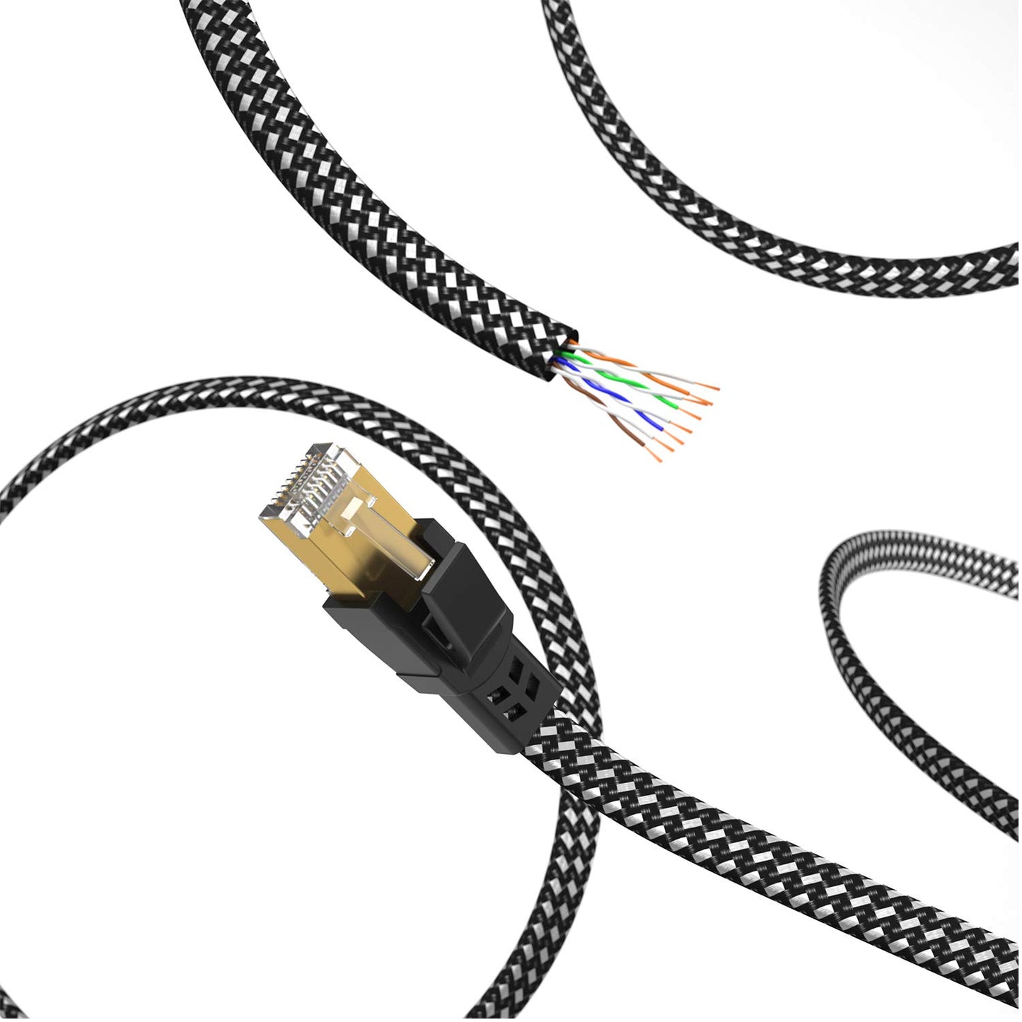 Orbram Cat 8 Ethernet Cable 50ft – Nylon Braided, High Speed 40Gbps 2000MHz Flat LAN Cable, S/FTP Shielded RJ45 Patch Cord for Modem, Router, Gaming, PC, Indoor & Outdoor