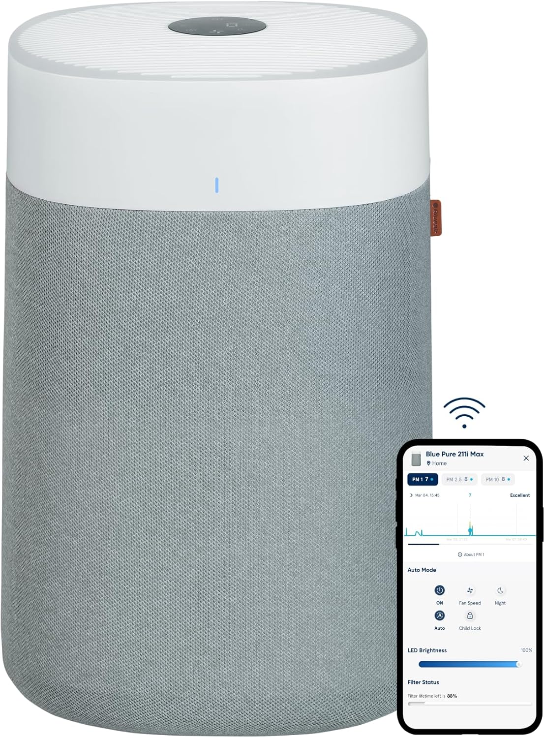 Blueair Blue Pure 211i Max Smart Air Purifier – Large Rooms up to 3,048 ft², HEPASilent™ Dual Filter, Smart App, Washable Pre-Filter, White