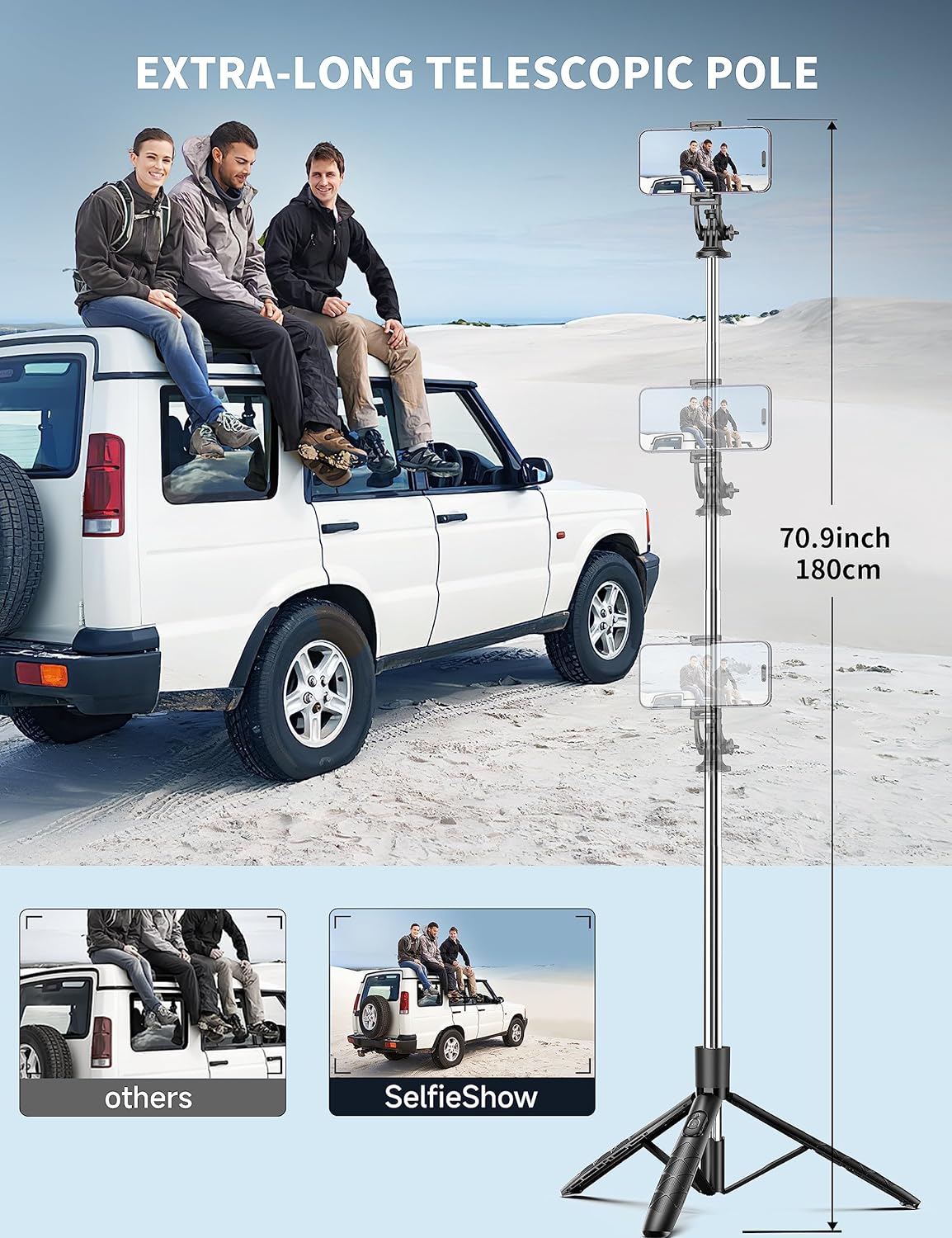 71" Phone Tripod & Selfie Stick – Extendable Tripod with Wireless Remote, 360° Rotation for iPhone, Android & Camera