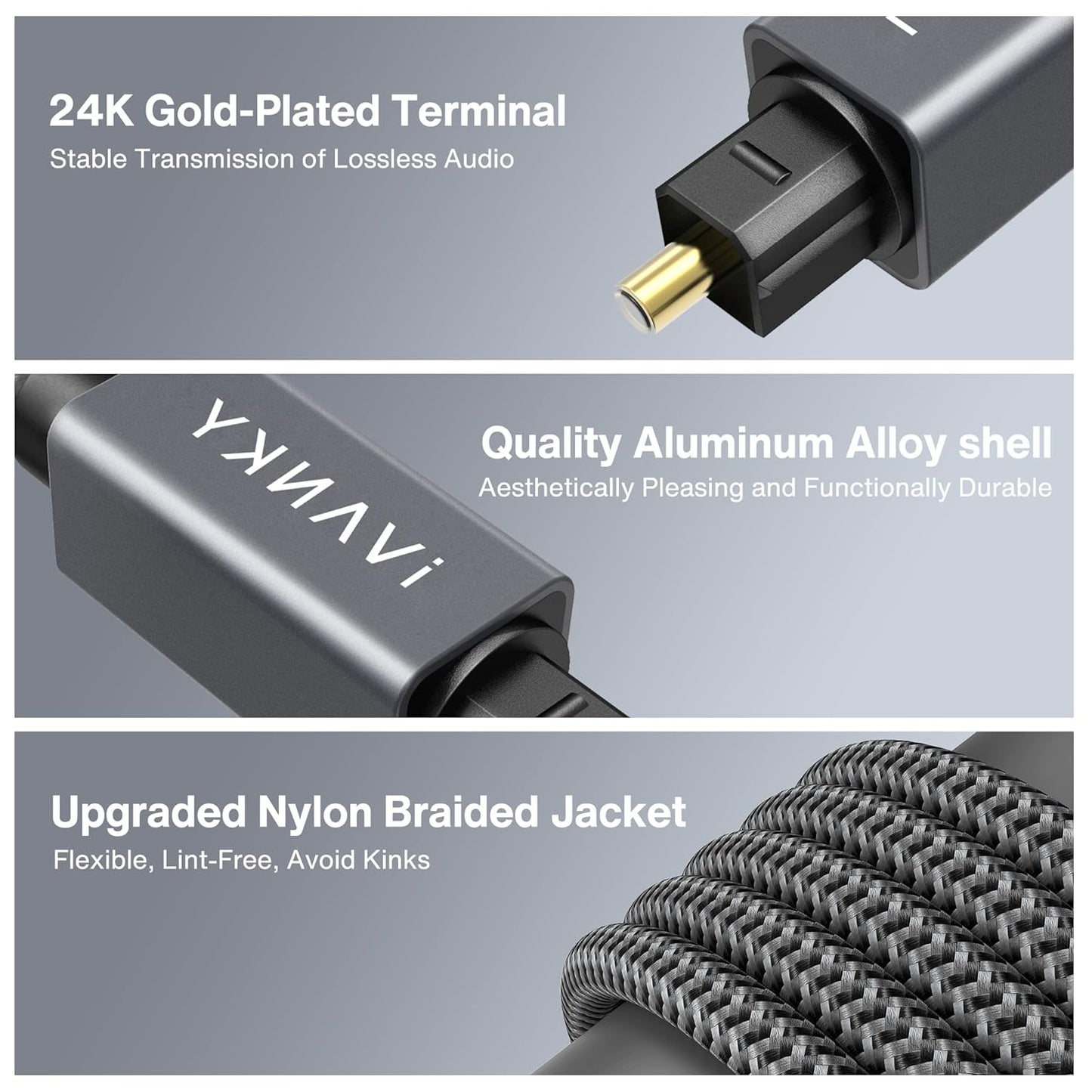 iVANKY 10ft Optical Audio Cable – Toslink S/PDIF Fiber, Nylon Braided, Gold-Plated, CL3 Rated, for TV, Soundbar, Home Theater, Xbox, PS4, Sonos & More