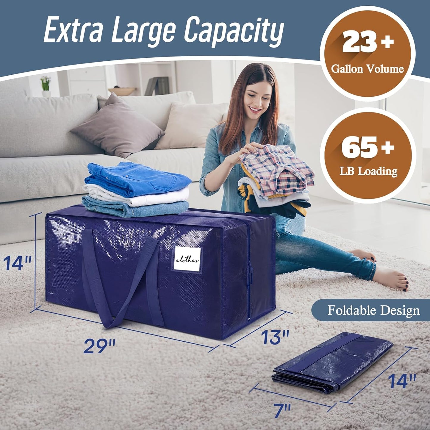 6-Pack Extra Heavy Duty Large Moving Bags – Durable Clothes Storage Bags with Strong Zipper & Handles, Blue Totes for College & Home
