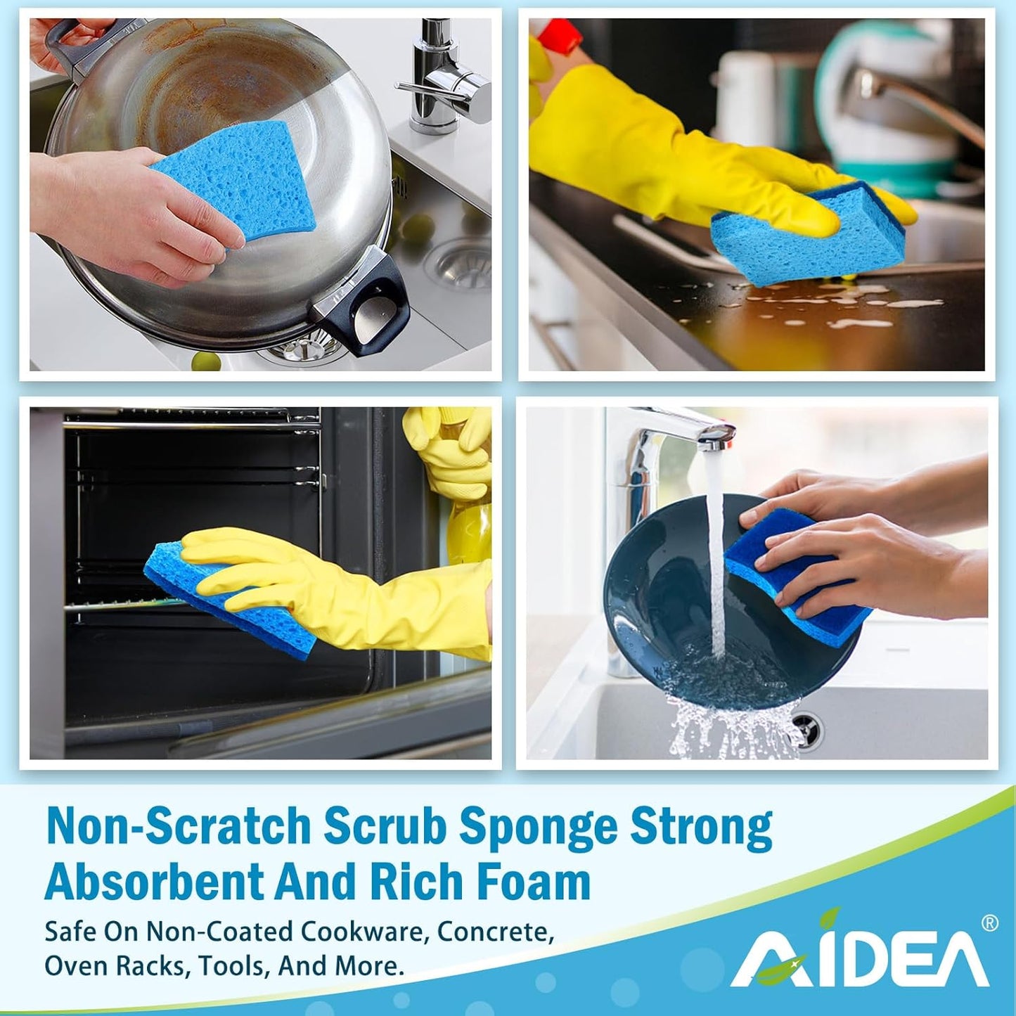 AIDEA Non-Scratch Scrub Sponges – 24-Pack Kitchen Sponges for Dishes, Cleans Fast Without Scratching, Tough on Grime