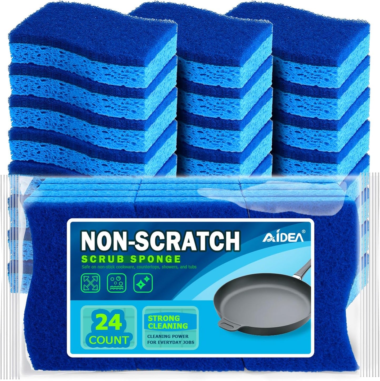 AIDEA Non-Scratch Scrub Sponges – 24-Pack Kitchen Sponges for Dishes, Cleans Fast Without Scratching, Tough on Grime